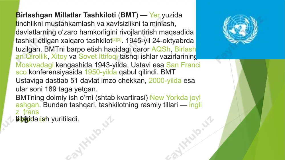 ib, millatlar oʻrtasida doʻstlik munosabatlarini rivojlantirishni, iqtisodiy, ijtimoiy, madaniy muammolarni hal etishda xalqlar oʻrtasida hamkorlik boʻlishini taʼminlashni koʻzda tutib, shu umumiy maqsadlarga erishishda millatlar harakatini uygʻunlashtirib turadigan markaz hisoblanadi. 2000-yil 6—8-sentyabrda bmtning 55-sessiyasi doirasida „mingyillik sammiti“ boʻlib oʻtdi. unda 155 dan ortiq mamlakatning davlat va hukumat boshliqlari ishtirok etdi. mazkur anjumanda umumbashariy ahamiyatga ega boʻlgan ijtimoiy iqtisodiy, ekologiya va xavfsizlikka doir muammolar muhokama qilinib, yangi yuzyillikning dastlabki yillarida amalga oshirilishi moʻljallanayotgan tadbirlar belgilandi. bmt ustavida koʻrsatilganidek, u xalqaro tinchlik va xavfsizlikni saqlash, xalqlarning teng huquqli boʻlishi va oʻz taqdirini oʻzi belgilashi qoidasiga amal qilib, millatlar oʻrtasida doʻstlik munosabatlarini rivojlantirishni, iqtisodiy, ijtimoiy, madaniy muammolarni hal etishda xalqlar oʻrtasida hamkorlik boʻlishini taʼminlashni koʻzda tutib, shu umumiy maqsadlarga erishishda millatlar harakatini uygʻunlashtirib turadigan markaz hisoblanadi. 2000-yil 6—8-sentyabrda bmtning 55-sessiyasi doirasida „mingyillik sammiti“ boʻlib oʻtdi. unda 155 dan ortiq mamlakatning davlat va hukumat boshliqlari ishtirok etdi. mazkur anjumanda umumbashariy ahamiyatga ega boʻlgan ijtimoiy iqtisodiy, …