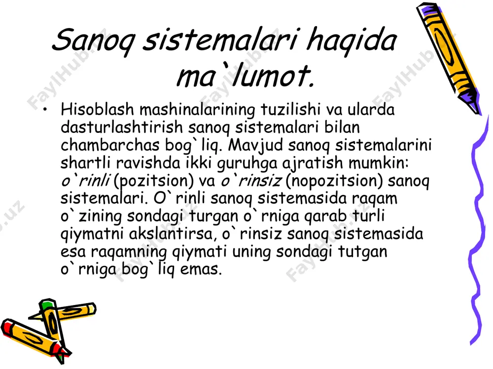ida 0 va 1 raqami mavjud bo`lganligi uchun, bu sistemalarning asosi sifatida 10 soni olingan. bir sanoq sistemasidan ikkinchisiga o`tish. sanoq sistemalari 2 lik 8 lik 10 lik 16 lik 0 0 0 0 1 1 1 1 10 2 2 2 11 3 3 3 100 4 4 4 101 5 5 5 110 6 6 6 111 7 7 7 1000 1 0 8 8 1001 11 9 9 1010 12 10 a 1011 13 11 v 1100 14 12 s 1101 15 13 d 1110 16 14 e 1111 17 15 f 10000 20 16 10 8 lik sanoq sistemasining raqamlarini 2 lik sanoq sistemasida ifodalash uchun 2 likning kamida 3 ta raqami kerak bo`lar ekan. bu 3 talik triada deb ataladi. 8 lik: 0 1 2 3 ... 7 2 lik: 000 001 010 011 ... 111 8 lik sanoq sistemasidan 2 lik sanoq sistemasiga o`tish …