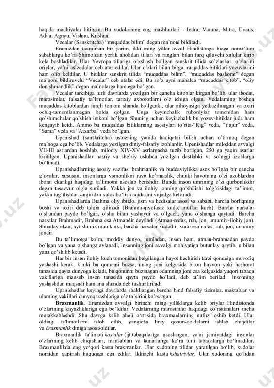 xalqini misrdan olib chiqib ketishga boshchilik qilgan muso payg‘ambarga tur tog‘ida berilgan tora (tavrot). bu manba xristianlar uchun ham muqaddas hisoblanganligi uchun u haqida xristianlik mavzusida kengroq to‘xtalamiz. talmud. talmud (qad. yahud. tilida lameyd - o‘rganish) miloddan avvalgi iv asrlarda vujudga kelgan va yozma toradan farqli o‘laroq, avloddan-avlodga og‘zaki ravishda o‘tib borgan. shuning uchun torani yozma qonun, talmudni esa og‘zaki qonun deb yuritilgan. talmud mishna va gemara kitoblari majmuasi bo‘lib, mishna ravvinlar tomonidan tavrotga yozilgan sharhlar, gemara esa mishnaga yozilgan sharhlardan iborat. talmudning falastin (o‘rshalim) va vavilon (bavliy) nusxalari mavjud. o‘rshalim talmudi eramizning iii asrlarida bavliy talmudi eramizning v asrida tahrir qilingan. unda ilgari yahudiylar uchun noma'lum bo‘lgan o‘ziga xos esxatologik (ya'ni oxirat, qiyomat, marhumlarning tirilishi, u dunyodagi ajr va jazo) tasavvurlar o‘z aksini topgan. talmudda yahudiylikning marosimlari, urf-odatlari aniq bayon etilgan bo‘lib, ular 248 ta vasiyat va 365 ta taqiqni o‘z ichiga oladi. shuningdek, unda qadimiy yahudiylar orasida din, …
