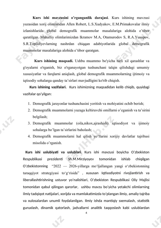 ri ostida amal qiladi. bu jarayondagi ayrim voqeliklar vujudga kelishi baʼzi sabablarga koʻra individual va noyobdir, lekin demografik jarayonda ular ketma-ketlik voqealardan iborat boʻlib, ular muntazam ravishda oʻzgarib turadi. xorijiy mamlakatlardagi innovatsion tendensiyalarning taʼsiridagi demografik jarayonlar yetakchi mutaxassislar tomonidan hozirgi davrda insoniyatning eng muhim va dolzarb omillar sifatida tan olinmoqda. oʻzbekistonda ham keyingi yillari bu masalalar, ayniqsa, muhim ahamiyat kasb etmoqda. aholi miqdorining oʻzgarish dinamikasi, barcha hududlarda mutanosib joylashuvi, tarkibiy tuzilishi koʻpincha davlatimizning iqtisodiy rivojlanishning strategik omillari va uning kelajak uchun ijtimoiy-iqtisodiy parametrlarini shakllantirishiga taʼsir etuvchi asosiy omil hisoblanadi. shuni alohida taʼkidlash joizki, oʻzbekistonning demografik jarayonlari hozirgi xalqaro demografik nizomlarga muvofiq sogʻlom tarzda rivojlanib bormoqda. dunyo tajribasidan kelib chiqib taʼkidlaydigan boʻlsak, bugungi rivojlanish davrida dunyoning barcha davlatlari kabi oʻzbekiston ham demografik sohasida evolyutsion jarayonlarni, yaʼni demografik oʻtishning muayyan bosqichlarini koʻrishi muqarrardir. maʼlumki, ularning birinchisi yuqori darajadagi tugʻilish va oʻlim miqdori bilan bogʻliq boʻlib, koʻp sonli katta oilalar va avlodlarning tez …