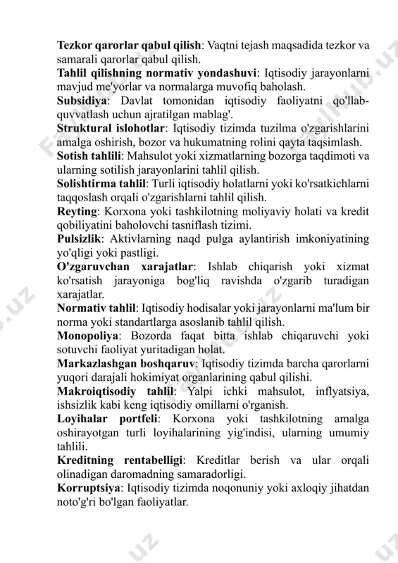 ili: mahsulot yoki xizmatlarning bozorga taqdimoti va ularning sotilish jarayonlarini tahlil qilish. solishtirma tahlil: turli iqtisodiy holatlarni yoki ko'rsatkichlarni taqqoslash orqali o'zgarishlarni tahlil qilish. reyting: korxona yoki tashkilotning moliyaviy holati va kredit qobiliyatini baholovchi tasniflash tizimi. pulsizlik: aktivlarning naqd pulga aylantirish imkoniyatining yo'qligi yoki pastligi. o'zgaruvchan xarajatlar: ishlab chiqarish yoki xizmat ko'rsatish jarayoniga bog'liq ravishda o'zgarib turadigan xarajatlar. normativ tahlil: iqtisodiy hodisalar yoki jarayonlarni ma'lum bir norma yoki standartlarga asoslanib tahlil qilish. monopoliya: bozorda faqat bitta ishlab chiqaruvchi yoki sotuvchi faoliyat yuritadigan holat. markazlashgan boshqaruv: iqtisodiy tizimda barcha qarorlarni yuqori darajali hokimiyat organlarining qabul qilishi. makroiqtisodiy tahlil: yalpi ichki mahsulot, inflyatsiya, ishsizlik kabi keng iqtisodiy omillarni o'rganish. loyihalar portfeli: korxona yoki tashkilotning amalga oshirayotgan turli loyihalarining yig'indisi, ularning umumiy tahlili. kreditning rentabelligi: kreditlar berish va ular orqali olinadigan daromadning samaradorligi. korruptsiya: iqtisodiy tizimda noqonuniy yoki axloqiy jihatdan noto'g'ri bo'lgan faoliyatlar. konsolidatsiya: bir nechta kompaniya yoki tashkilotlarni birlashtirish, ular orqali iqtisodiy …
