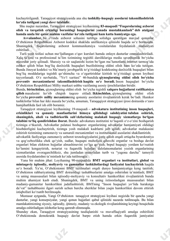 bu dolzarb savolga juda ko‘plab aniq maqsadlarga qaratilgan amaliy javoblar bor. harakatlar strategiyasining har bir ustuvor yo‘nalishi bo‘yicha hozirgi kunga qadar 26 ta konsepsiya va bir qator dasturlar qabul qilingan bo‘lsa, kelgusida taraqqiyot strategiyasi doirasida 13 ta kodeks, 12 ta qonun, ya’ni har bir ustuvor yo‘nalishda zarur qonun hujjatlari qabul qilinishi ko‘zda tutilgan. jumladan, tadbirkorlik kodeksining ishlab chiqilishi – yurtimizda tadbirkorlikni rivojlantirish va tadbirkorlar huquqlarini to‘liq himoya qilishning mustahkam qonuniy asosiga aylanadi. bo‘lajak nodavlat notijorat tashkilotlari to‘g‘risidagi kodeksda fuqarolik jamiyatining huquqiy mezonlari o‘z aksini topadi. axborot kodeksi – shu vaqtga qadar amal qilayotgan ommaviy axborot vositalari, jurnalistlar faoliyati, axborot va so‘z erkinligiga bag‘ishlangan o‘ndan ortiq qonun kodifikatsiya qilingan yagona va yaxlit qonun hujjati sifatida qabul qilinishining natijasi bo‘ladi. to‘rtinchi omil: yangi o‘zbekiston tarraqqiyot strategiyasining nafaqat nomlanishi, ayni chog‘da unda belgilangan ustuvor yo‘nalishlar va muhim vazifalar ham milliy yoki mintaqaviy miqyosdagina emas, balki global darajada ulkan ahamiyatga molik xalqaro hujjatlar bilan …