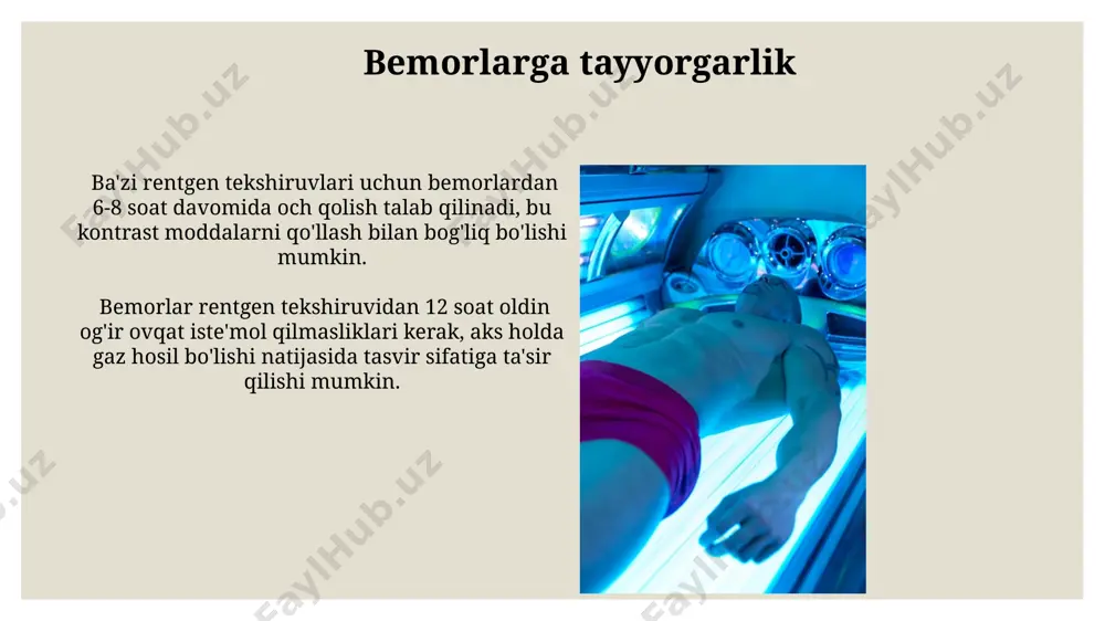 t dozalari bilan bajarilgan fluoroskopiya, 5-15 minut davom etadi va bemor uchun minimal ionlashtiruvchi nurlanish ta'sirini ta'minlaydi. fluoroskopiya real vaqtda organlarning harakatini kuzatish imkonini beradi, bu jarayon davomida 2-10 kadr/soniya tezlikda tasvirlar hosil qiladi va diagnostika aniqligini oshiradi. kelajakdagi istiqbollar sun'iy intellekt yordamida rentgen tasvirlarini tahlil qilish va diagnostika aniqligini 30% ga oshirish bo‘yicha istiqbolli tadqiqotlar olib borilmoqda. rentgen nurlanishining aniqligi va samaradorligini 10-20% ga oshirishga imkon beradigan yangi detektor texnologiyalari kelajakda keng qo‘llaniladi. rentgen terapiyasi rentgen terapiyasining samaradorligi turli omillarga, jumladan, o'smaning turi va bosqichiga, bemorning umumiy sog'lig'iga va qo'llaniladigan dozaga bog'liq bo'lib, taxminan 70% muvaffaqiyat ko'rsatkichiga ega. rentgen terapiyasi davolash jarayonida turli xil texnologiyalar, shu jumladan 3d konformal terapiya va intensiv modul terapiya, o'smaning aniq joylashuvini aniqlash va sog'lom to'qimalarga ta'sirini minimallashtirish uchun qo'llaniladi. rentgenoskopiya usullari rentgenoskopiya yordamida 10-20 kv kuchlanishli past energiyali rentgen nurlanishi yumshoq to'qimalarning tasvirini olish uchun qo'llaniladi, bu esa suyak tuzilmalarini aniqroq ko'rish imkonini …