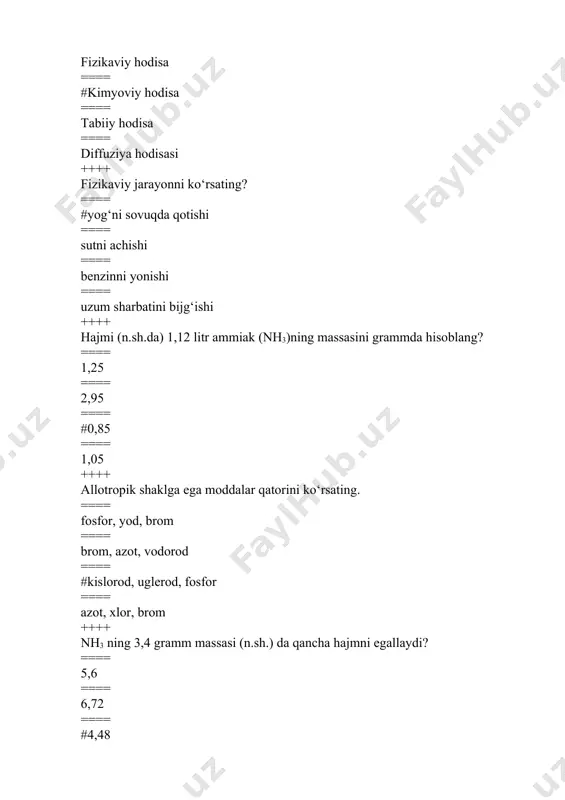 plarida 92u238 va 92u235nechtadan neytron bor? ==== #146 va 143 ==== 143 va 142 ==== 142 va 141 ==== 144 va 140 ++++ mendeleyev-klayperon tenglamasidan (pv=mrt/mr) foydalanib gazlarning bosimini topish formulasini aniqlang? ==== v=mr/pmrt ==== mr=pv/rt ==== t=mrvmr ==== #p =mrt/mrv ++++ moddalar massasining saqlanish qonuni asoschilarini aniqlang. ==== #lomonosov va lavuaze ==== avogadro va bertlo ==== mendeleyev va lomonosov ==== lavuazi va pristli ++++ kimyoviy reaksiya vaqtida ajralib chiqqan yoki yutilgan issiqlik miqdori reaksiyaning … deyiladi. ==== #issiqlik effekti ==== energiya ==== ekzotermik ==== endotermik ++++ tartib raqami 25 bo’lgan element atomining nisbiy atom massasi 56 bo’lsa, uning yadrosida nechta neytron bo’ladi (25mn56)? ==== #31 ==== 30 ==== 25 ==== 23 ++++ atomdagi elektron energiyasi qaysi kvant sonlari bilan ifodalanadi? 1) magnit; 2) spin; 3) orbital; 4) bosh; ==== 1,4 ==== 1,2 ==== 1,3 ==== #3,4 ++++ kimyoviy reaksiyalarning o’zgarmas hajmi va o’zgarmas bosimdagi issiqlik effekti sistemaning boshlang’ich va …