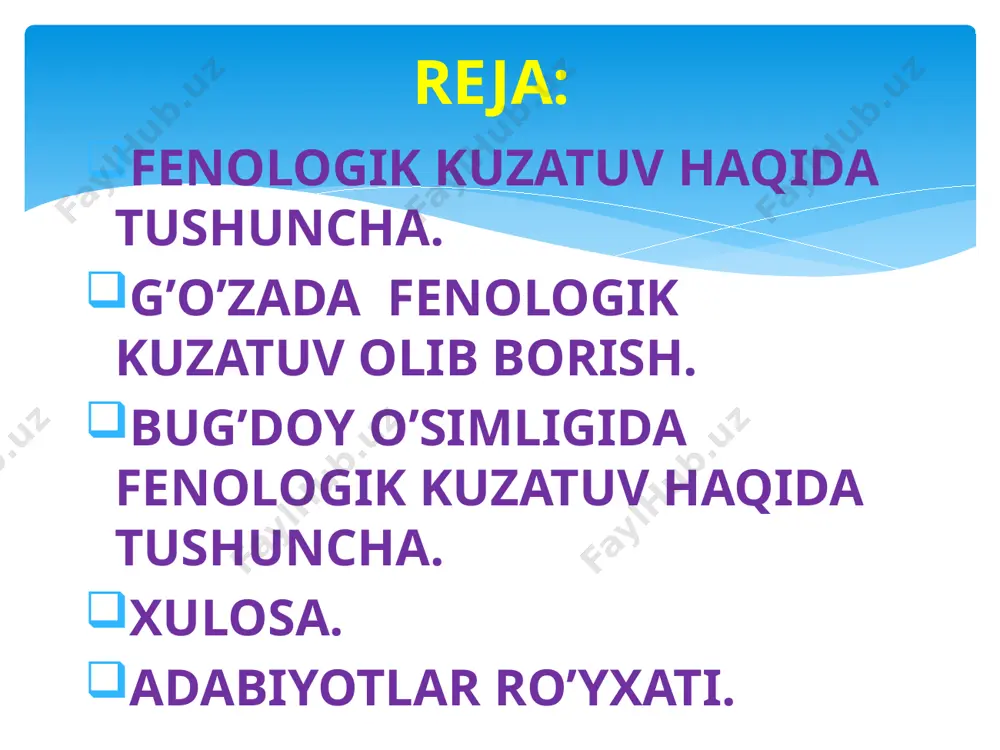 mlik. o’simlikni bo’yini o’lchash, barglar, shoxlarini hisobga olish, gullashni, etilganligini foizlarda hisoblash va boshqa kuzatishlar o’tkazish uchun kamida 100 ta o’simlik. 1 . unib chiqish fazasi.(5-7kun) bunda kuzatish unib chiqqan nihollar soni va ular paydo bo’lgan uyalarni sanashdan iborat bo’ladi .uya- lami umumiy soniga nisbatan unib chiqqan uyali u ru g 'lar soni 10 % va undan oshiq b o 'lsa unib chiqish fazasini boshlanish belgisi va 50 % ga yetgach yalpi unib chiqish deb qabul qilingan. nihollarni hisoblash kamida uch muddatda: nihollar ko’rina boshlaganda ular qiyg’os unib chiqqanda to’liq unib chiqqanda o’tkaziladi. har galgi kuzatuv sanasidagi nihollar soni nazariy tup soniga yoki uya soniga nisbatan 1 ga maydonga hisoblab ko’rsatiladi. g’o’zada fenologik kuzatuv navlar nomi ekilgan yil ekilgan maydon o’suv davri tola chiqishi % bitta ko’sak og’irligi,gr tola tipi mikroneyr c-6524 1988 290.3 127-130 32.1 5.4 4 4.3 buxoro-6 1990 218.6 122-130 34.4 7.5 4 4.4 mehnat 2006 41.8 …