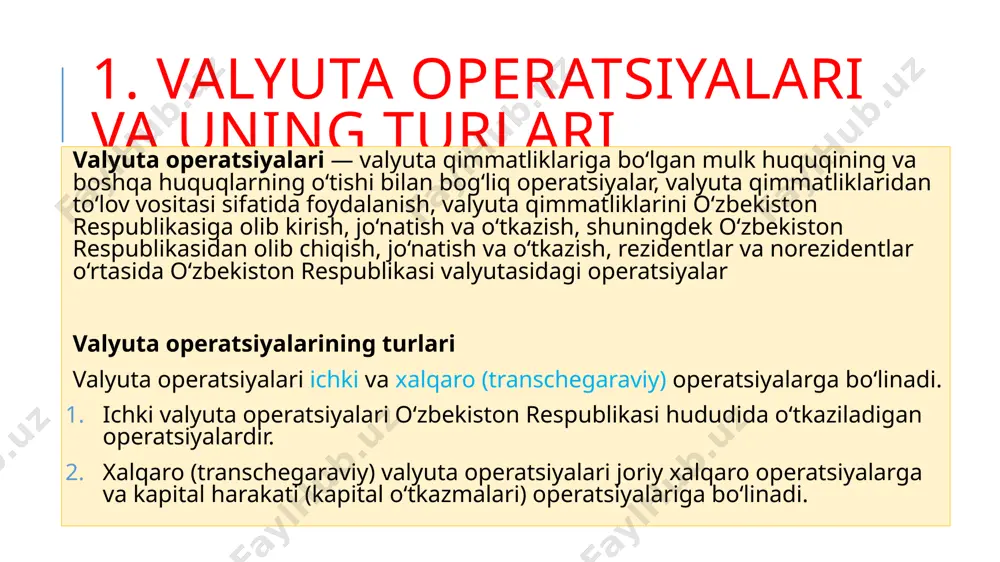 ijorat tashkilotlarga badallar. 3. kapital harakati operatsiyalari kapital harakati operatsiyalari jumlasiga joriy xalqaro operatsiyalar bo‘lmagan barcha xalqaro (transchegaraviy) valyuta operatsiyalari, shu jumladan quyidagilar kiradi: investitsiya faoliyatini amalga oshirish, jumladan rezidentlar tomonidan o‘zbekiston respublikasi hududidan tashqarida joylashgan o‘z filiallarini aylanma mablag‘lar bilan to‘ldirish; kreditlar (qarzlar) olish va berish, lizing operatsiyalarini amalga oshirish; ko‘chmas mol-mulkni sotib olish va sotish; chet davlatlardan mablag‘larni jalb etish hamda ularni chet davlatlardagi hisobvaraqlar va omonatlarga joylashtirish; intellektual mulk ob’ektlariga bo‘lgan mutlaq huquqni to‘liq olish yoki sotish. batafsil ma’lumot uchun qarang: «kapital harakati bilan bog‘liq ayrim valyuta operatsiyalarini amalga oshirish tartibi to‘g‘risida»gi nizom (ro‘yxat raqami 2536, 17.12.2013 y.). 3. kapital harakati operatsiyalari o‘zbekiston respublikasiga to‘g‘ridan-to‘g‘ri chet el investitsiyalarini jalb etish va ularni repatriatsiya qilish, shuningdek to‘g‘ridan-to‘g‘ri chet el investitsiyalarini amalga oshirish munosabati bilan olingan huquqlardan foydalanish cheklovlarsiz amalga oshiriladi. o‘zbekiston respublikasi diplomatik va boshqa vakolatxonalarining ehtiyojlari uchun o‘zbekiston respublikasidan tashqarida ko‘chmas mulk ob’ektlarini olish va qurish bo‘yicha …