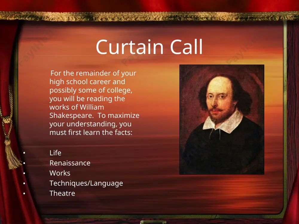 hymed couplet (2 lines) 5. iambic pentameter- 10 syllables; unstressed-stressed pattern 6. rhyme scheme: ababcdcdefefgg iv. techniques/language… blank verse 1. unrhymed 2. iambic pentameter b. soliloquy- one person speaking 1. one character on stage 2. only the audience hears c. aside- one person speaking 1. several characters on stage 2. only the audience or one character hears iv. techniques/language d. allusion- reference to an outside person, place, thing or idea e. comic relief-humor to relieve emotional intensity iv. techniques/language f. pun- play on words 1. “you have dancing shoes/with nimble soles; i have a soul of lead/so stakes me to the ground i cannot move.” (rj: i.iv.15-16) g. new words/phrases 1. “dead as a doornail” 2. “laughing-stock” 3. “it’s all greek to me” v. theatre the globe 1. built in 1599 2. bank of river thames 3. structure a. 3 story b. wooden frame c. open courtyard d. raised platform …