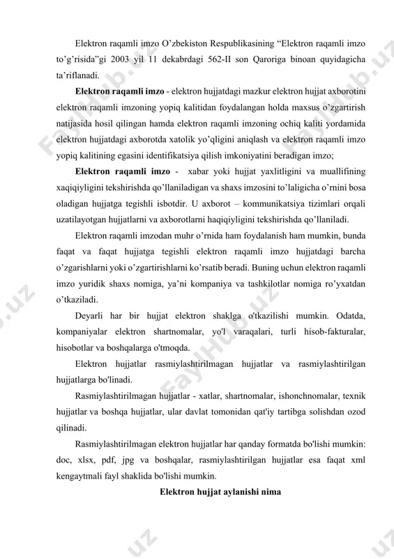 n hujjatlarni yaratish, qabul qilish va saqlash qoidalarini belgilash; elektron hujjatlarni shakllantirish va imzolash uchun mas'ul shaxslarni tayinlaydi. hujjatlarni imzolash huquqiga ega bo'lgan barcha xodimlar elektron imzoga ega bo'lishi kerak. · texnik shartlar ishlab chiqilmoqda; · it yechimini tanlash; · biznes jarayonlari tavsiflanadi; · byudjetlar, jadvallar, ro'yxatlar zarur resurslar va umumiy reja ishlar; · elektron hujjat aylanishini joriy etilmoqda; · dastur sinovdan o'tkazilmoqda; · elektron hujjat aylanish tizimi ishga tushirildi; · tizimdan foydalanishni nazorat qilish. elektron hujjat aylanish tizimi elektron hujjat aylanish tizimining asosiy elementlari har qanday elektron hujjat aylanish tizimi quyida sanab o'tilgan toifalarning xususiyatlarini o'z ichiga olishi mumkin, ammo ularning aksariyati mahsulotning joylashuvi bilan bog'liq bo'lgan o'ziga xos yo'nalishga ega. 1. elektron arxiv - bu ma'lumotlarni samarali saqlash va qidirishga qaratilgan elektron hujjat aylanish tizimi. 2. ilg'or ish jarayoni vositalariga ega elektron hujjat aylanishi tizimlari - ayrim ob'ektlarning oldindan belgilangan ma'lum bir yo'l bo'ylab harakatlanishini ta'minlaydi. har bir …