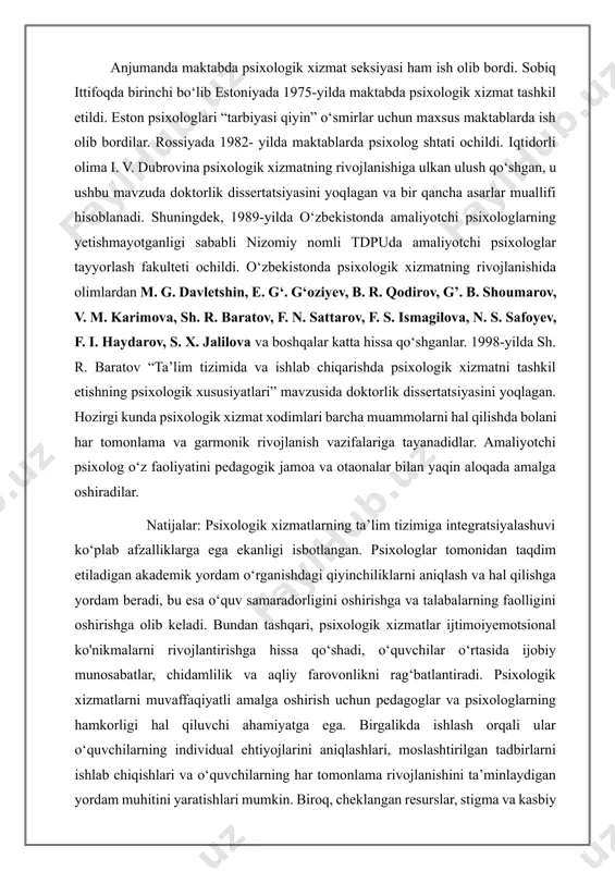 garmonik rivojlanish imkoniyatlari haqida asosiy psixologik g‘oyani olib kiradi. ikki yo‘nalish ham bir-biri bilan bog‘liq. kollejlardagi va akademik litseylardagi psixologik xizmat o‘rta maxsus ta’limining zaruriy tarkibiy qismidir. bu xizmatning zaruriyligi kollej va akademik litsey ehtiyojlaridan kelib chiqadi. har bir o‘quvchida hayotga ijodiy munosabat va individual xususiyatlarning taraqqiyotini ta’minlaganligini psixologik xizmat to‘g‘ri tashkil etilgan deyish mumkin. psixolog o‘zining inson xulq-atvori va psixik faoliyati, psixik taraqqiyotning yosh qonuniyatlari haqidagi kasbiy bilimlariga, ularning o‘quvchilar va kattalar, tengdoshlari bilan o‘zaro munosabat xususiyatlariga, o‘quv-tarbiya jarayonini tashkil etishga bog‘liqligiga tayanib, bolaga individual yondashuv imkoniyatlarini ta’minlaydi, uning qobiliyatlarini aniqlaydi, normadan chetlashishlarning bo‘lishi mumkin bo‘lgan sabablarini psixologik-pedagogik korrektsiya qilish yo‘llarini aniqlaydi. 492 bu bilan psixologik xizmat maktabda o‘quv tarbiya ishining mahsuldorligini oshirishga, ijodiy faol shaxsni shakllantirishga imkon beradi. o‘zbekiston respublikasi prezidentining “yoshlarni ma’naviy-axloqiy va jismoniy barkamol etib tarbiyalash, ularga ta’lim-tarbiya berish tizimini sifat jihatidan yangi bosqichga ko‘tarish chora-tadbirlari to‘g‘risida” 2018-yil 14- avgustdagi pq-3907-son qarori ijrosini ta’minlash, shuningdek, umumiy …