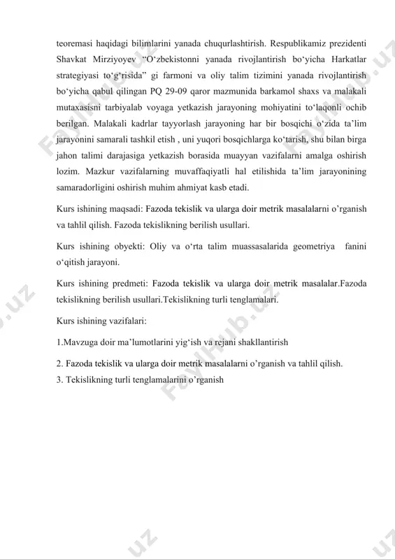 izmada izlari bilan tasvirlash ancha qulay va afzaldir. tekislikning ox, oy va oz koordinata o‘qlari bilan kesishgan nuqtalari px, py, pz bilan belgilanadi, ya’ni px=p∩ox, pu=p∩oy, pz=p∩oz. bu nuqtalar tekislikninng ikkita izining kesishishidan hosil bo‘ladi. tekislik qanday tarzda berilishidan qat’iy nazar, uning izlarini ortogonal proyeksiyalarda yasash mumkin. tekisliklarning proyeksiyalar tekisliklariga nisbatan vaziyatlari epyurda umumiy vaziyatdagi tekislikning biror izi proektsiyalar o`qlariga parallel yoki perpendikulyar bo`lmaydi va ixtiyoriy burchak hosil qilib joylashadi. agar tekislik proektsiyalar tekisliklarining biriga perpendikulyar yoki parallel joylashgan bo`lsa, bunday xususiy vaziyatdagi tekislik deyiladi. 1. proektsiyalar tekisligiga perpendikulyar tekisliklar. proektsiyalar tekisligiga perpendikulyar bo`lgan tekisliklar, proektsiyalovchi tekisliklar deyiladi. gorizontal proektsiyalovchi tekislik . gorizontal proektsiyalar tekisligiga perpendikulyar tekislik gorizontal proektsiyalovchi tekislik deyiladi. gorizontal proektsiyalovchi tekislikning frontal izi ox o`qiga perpendikulyar bo`ladi, gorizontal izi ixtiyoriy (90 ga teng bo`lmagan ) burchakda joylashuvi mumkin. 4-chizma tekislikning gorizontal p izining ox o`qi bilan hosil qilgan burchagi p (p p) tekislikning v tekisligi bilan hosil …