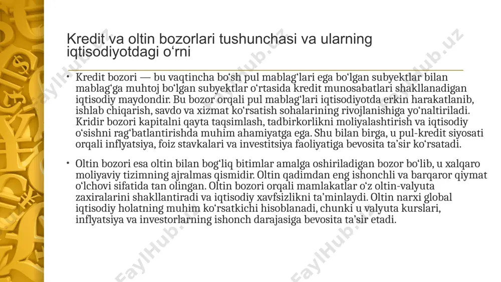 r oltin narxiga bevosita ta’sir qiladi: agar markaziy banklar foiz stavkalarini oshirsa, investorlar ko‘proq daromad olish uchun oltinni sotib, obligatsiyalarga yo‘naltiradi va natijada oltin narxi pasayadi; aksincha, foiz stavkalari pasayganda oltin narxi ko‘tariladi. shuningdek, kridir bozoridagi beqarorlik yoki moliyaviy inqirozlar davrida oltin bozori xavfsiz sarmoya maydoniga aylanadi. kredit bozorining mohiyati, ishtirokchilari va turlari kredit bozori — bu iqtisodiyotda vaqtincha bo‘sh pul mablag‘larini samarali taqsimlashni ta’minlaydigan moliyaviy tizimning muhim tarkibiy qismidir. uning mohiyati shundan iboratki, mablag‘ga ehtiyoji bor subyektlar (korxonalar, tadbirkorlar, jismoniy shaxslar va davlat) bilan ortiqcha pul mablag‘lariga ega bo‘lgan subyektlar (banklar, investorlar, aholi) o‘rtasida kredit munosabatlari shakllanadi. bu jarayon orqali kapital bir sohadagi ortiqcha jamg‘armalardan boshqa sohalardagi ishlab chiqarish va investitsiya faoliyatiga yo‘naltiriladi. shu tariqa kridir bozori iqtisodiy o‘sishning asosiy omillaridan biri hisoblanadi. kredir bozorining asosiy vazifasi — iqtisodiyotdagi mablag‘larning aylanishini ta’minlash, ishlab chiqarish jarayonini qo‘llab-quvvatlash, yangi investitsiya loyihalarini moliyalashtirish va aholining iste’mol talabini oshirishdir. kredit resurslari orqali korxonalar …