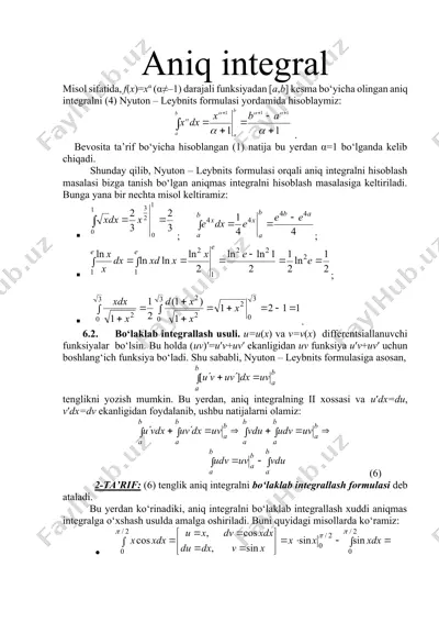 aniq integral va uning hisoblash usullari — DOCX