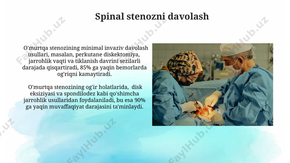 ustuni kanalining torayishini bartaraf etish usuli – o'rtacha 2-3 soat davom etadi va postoperatsion davr 4-6 hafta davom etishi mumkin. disk eksizyoni va spondilodez disk eksiziyasi jarrohlik amaliyoti orqali o'murtqa diskining shikastlangan qismini to'liq yoki qisman olib tashlashni o'z ichiga oladi, bu esa 70% hollarda og'riqni kamaytirishga yordam beradi. spondilodez esa qo'shni umurtqalarni bir-biriga mahkamlash jarayonini anglatadi, bu esa o'murtqa ustunning barqarorligini ta'minlaydi va 90% ga yaqin muvaffaqiyat darajasiga ega. o'murtqa infektsiyalarini jarrohlik davolash o'murtqa infektsiyalarida jarrohlik davolash, absess hajmi 3 sm dan katta bo'lganda yoki neyrologik defitsit kuzatilganda ko'rsatiladi, bu esa jarrohlik aralashuvning zarurligini belgilaydi. jarrohlik davolash usullari orasida, o'murtqa diskektomiya bilan birga, infektsiyalangan to'qimalarning to'liq rezektsiyasi va drenajlash, shuningdek, 10-14 kun davomida antibiotik terapiyasi qo'llaniladi. kifoz jarrohligi кифоз жарроҳлигида, 30-40% ҳолатларда, асосий муаммо бўлган, ўнгирларнинг дегенератив ўзгаришларини бартараф этиш учун, спондилодез операцияси қўлланилади. кифоз жарроҳлигининг кўпгина турлари мавжуд бўлиб, уларнинг 20% дан ортиғи, вертебрал корпус коррекциясини ўз ичига …