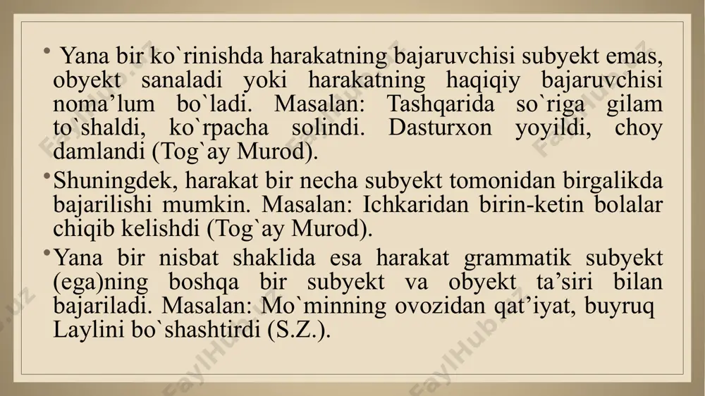 lan: shoshir, ichir, botir kabi; g) oxiri undosh bilan tugagan bir bo`g`inli fe’l negizlariga –ar affiksini qo`shish bilan: chiqar, qaytar kabi; d) oxiri undosh bilan tugagan fe’l negizlariga -g`iz, -giz, -qaz, -g`az, -kaz, -qiz, -kiz affikslarini qo`shish bilan: turg`iz, o`tkaz, qutqaz, yutqiz, etkiz kabi; e) oxiri m, q undoshlari bilan tugagan fe’l negizlariga –iz affiksini qo`shish bilan: tomiz, oqiz, boqiz kabi; yo) fe’l negiziga –sat (-sa+-t qo`shma affiksi) affiksini qo`shish bilan: ko`rsat (faqat ko`r fe’l negiziga qo`shiladi) kabi. fe’l mayillari ish-harakatning voqelikka munosabatini ko`rsatuvchi grammatik kategoriyaga fe’l mayli deyiladi. mayl kategoriyasi grammatik zamon (o`tgan, hozirgi, kelasi) va grammatik shaxs (bajaruvchi) bilan uzviy bog`langan bo`lib, hammasi birgalikda fe’lning tuslanish tizimiga kiradi. fe’l mayllarida voqelik bilan bog`liq ravishda ish-harakatning bajarilish xususiyatlari turlicha bo`ladi. masalan: 1) havo sovuq, osmonda zahardek achchiq qor uchqunlari erinchoq kezadi (o`.hoshimov). 2) yoshlikda zahmat chekib, ilm o`rgansang, kasb-hunar egallasang, qariganda rohat topasan. (koshifiy). 3) so`zlayotgan kishining o`ziga emas, …