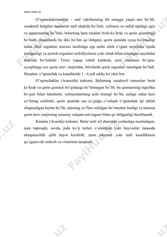 giyasi» 1995 y. 4. o mavlonov .sh.xurramov «umirqasizlar zoologiyasi» t. 1988 y. 5. e.i.lukin «zoologiya» moskva 1989 6. b.а.kuznеtsov, a.z.chеrnov, l.n.katonova «kurs zoologiya». m.1989 y. 7. a.m.muhammadiеv «umurtqasiz hayvonlar zoologiyasi». t: 1970. 8. s.a.murodov, n.axmеdov «talabalarning bilimini rеyting va tеst bilan aniqlash» bo’yicha «zoologiya va tut ipak qurti biologiyasi» fanlaridan o’quv uslubiy qo’llanma. t: 1997. 9. s.a.murodov va s.sobirov «zoologiya kursidan laboratoriya amaliy mashgulotlarni o’tkazishda qisqacha o’quv ko’rsatmalar (zoomuxandis va ipakchilik mutaxassislari uchun). t: 1999 y. 10. s.a.murodov «umumiy entomologiya kursi» t: 1986 y. 11. «krasnaya kniga uzbеkistana» i. ii tom. 1993.