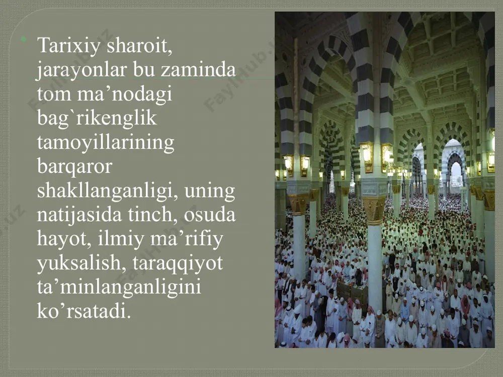 bironta ham holat ma’lum emas”. ajabo, bu qanaqasi bo‘ldi? nima, ayolning ozodligi yoki inson huquqlari shu modda bilangina belgilanadimi? er-xotin qattiqroq gapirib qo‘ygani uchun bir-birini sudga bersa, bola-chaqa ovora bo‘lsa, qarindosh-urug‘ aziyat cheksa, sudga tortishlar ko‘p bo‘lsa, demokratiya, inson huquqlari ta’minlangan bo‘ladi-yu, bo‘lmasa – yo‘qmi? yo‘q, yevropalik yoxud amerikalik teng huquqlilik targ‘ibotchisi buni tushunishi qiyin. g‘arblik mital’da bogner xonim o‘tgan yili bizdagi mahalla institutiga ochiqdan-ochiq tuhmat qildi. adabiyotlar ro’yhati 1. o’zbekiston respublikasi konstitutsiyasi – t., 2003 2. karimov i.a. o’zbekiston xxi asr bo’sag’asida: xavfsizlikka tahdid, barqarorlik shartlari va taraqqiyot kafolatlari. – t., “o’zbekiston”, 1997. karimov i.a. olloh qalbimizda, yuragimizda. – t., 1999. dinshunoslik. ma’ruzalar matni. – t., 2000 dinshunoslik. o’quv qo’llanma. – t.: tdyui, 2005 dunshunoslik. darslik. toshkent islom universitet. 2005 dinshunoslik. d.tojiboeva, o’quv qo’llanma, - t,. 2010 image2.jpeg image3.jpeg image4.jpeg image5.jpeg image6.jpeg /docprops/thumbnail.jpeg