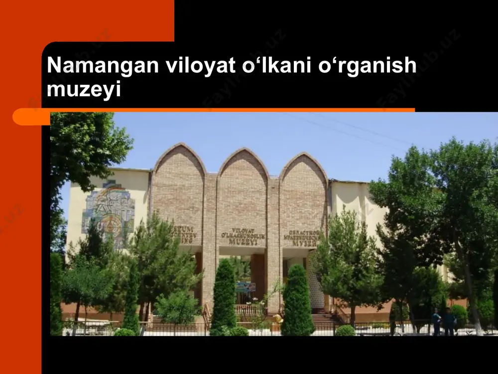 i ilmiy ekspozitsion rejalar asosida qayta jihozlandi va ziyoratchilarga havola etildi. hozirgi kunda namangan viloyat o‘lkani o‘rganish muzeyida xazina, tarix, tabiat, adabiyot va san’at bo‘limlari, mustaqillik, ma’’naviyat, adabiyot sektorlari faoliyat yuritmoqda. muzey viloyatdagi muzeylarga uslubiy rahbarlik qilib kelmoqda. o‘zbekiston respublikasi o‘zbekiston respublikasi prezidentining «muzeylar faoliyatini yaxshilash va takomillashtirish»ga oid farmonlarini bajarish yuzasidan ishlab chiqqan tadbirlar rejasiga ko‘ra, vazirlar mahkamasining 2014 yil 11 iyuldagi “davlat muzeylarining bolalar va ularning ota-onalari uchun ochiqligini ta’minlash chora-tadbirlari to‘g‘risida” gi 189-sonli qarori ijrosini ta’minlash yuzasidan maktab o‘quvchilarini muzeyga jalb etish ishlari olib borilmoqda. haftaning har seshanba va juma kunlari o‘quvchi yoshlarga bepul xizmat ko‘rsatilmoqda. namangan viloyati xotira va qadrlash muzeyi manzili namangan shahri, a.temur ko‘chasi email namxotiramuzey@exat.uz ish telefoni (8369) 233-56-94 rahbari mirzamaxmudova farida sultanovna qabul (ish) kunlari image1.jpeg image2.jpeg image3.jpeg image4.jpeg image5.jpeg