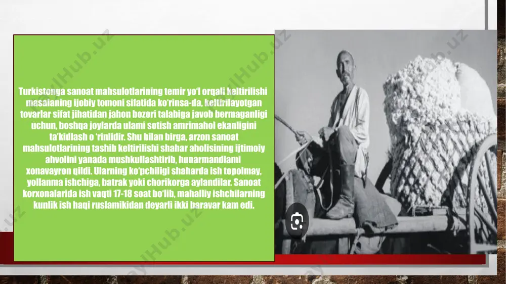 gan. g.v. dyurshmidt tomonidan asos solingan ichak zavodi 1877 yilda v. v. makarov va s.k. yanchevskiyning g‘isht zavodi qurilgan orenburglik savdogar a. husainov ichak zavodi samarqandda faoliyat yuritgan sanoat korxonalari levievning aroq zavodi lamshinnikning un zavodi flatovning pivo va vino zavodi yog’ ,ko’mir san’ati,paxta tozalash kabi sanoatlar bo’lgan. l.o.yugovichning «o’rta osiyo sanoat birodarligi» jamiyati ye.menderaning paxta tozalash zavodi «yu.fuzaylov i k°» firmasi 1879 yili samarqandda rus harbiy poruchigi lyamin tomonidan un zavodi mirhikmat mirsolihovning olti jinli kerosin bilan ishlaydigan zavod xo’jand uyezdi rozenblyumning ot bilan ishlaydigan ikki jinli zavodi v.konning bug’li besh jinli zavodi abdurahmonovning zavodi 1882 yili ochilgan politkovskiyning toshko’mir koni husainov paxta tozalash zavodi musallas va sharob umuman, xix asr oxirida musallas va sharob ishlab chiqarish keng yo’lga qo’yila boshlagan edi. samarqandda uzumdan spirt tayyorlash ham rivojlangan bo’lib, 1897 yilgakelib, 5 kichik spirt zavodida yiliga 40 gradusli 62 ming paqir aroq tayyorlash uchun 265.000 puduzumishlatilgan. natijada, xix asr …