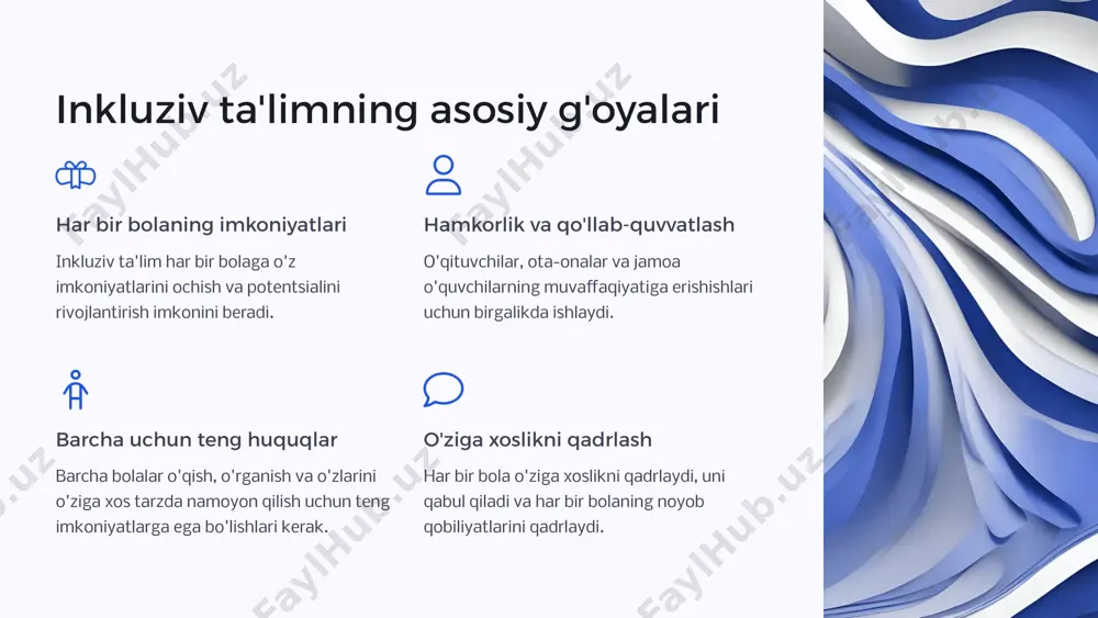 lash va ularga yordam berish uchun zarur. 4 4. texnologik resurslar zamonaviy texnologiyalar, masalan, kompyuterlar, planshetlar, o'quv dasturlari, o'quvchilarning o'rganish jarayonini samarali qilishga yordam beradi. 8 inkluziv ta'limda jamoa hamkorligi jamoa hamkorligining ahamiyati o'qituvchilar, ota-onalar va boshqa mutaxassislarning o'zaro hamkorligi inkluziv ta'lim muvaffaqiyatiga erishish uchun juda muhimdir. ular birgalikda har bir o'quvchining ehtiyojlarini qondira oladigan o'quv dasturlarini yaratish va qo'llab-quvvatlashga yordam beradi. hamkorlik shakllari o'qituvchilar o'rtasidagi tajriba almashish ota-onalar bilan uchrashuvlar va qo'llab-quvvatlash guruhlari boshqa mutaxassislar bilan hamkorlik (masalan, psixologlar, logopedlar) jamiyat a'zolari bilan hamkorlik 9 inkluziv ta'limda o'qituvchi roli talabalarni qabul qilish har bir talabaning o'ziga xos ehtiyojlarini tushunish va hurmat qilish. moslashuvchan o'qitish o'qitish uslublarini talabalar ehtiyojlariga moslashtirish. qo'llab-quvvatlash talabalarni o'zlarini qulay his qilishlari va muvaffaqiyatga erishishlari uchun yordam berish. ijobiy muhit yaratish har bir talabaning o'ziga xosligi va qadriyatini qabul qilish. 10 inkluziv ta'limda ota-onalarning ishtiroki 1 1. hamkorlik ota-onalar bilan o'qituvchilar o'rtasidagi hamkorlik muhim, chunki bu …