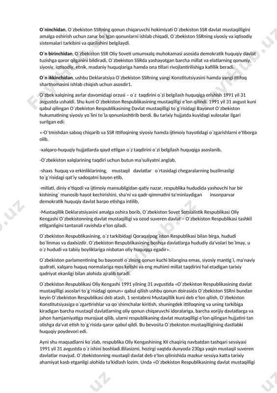 ni, tashabbuskorlik va ishbilarmonlikni rivojlantirishni; — mulk egalari huquqlarining davlat yo‘li bilan himoya qilinishini ta’minlash va barcha mulkchilik shakllarining huquqiy tengligini qaror toptirishni; — iqtisodiyotni o‘ta markazlashtirmaslik hamda yakka hokimlikka barham berish, korxonalar va tashkilotlarning mustaqilligini kengaytirish, davlatning xo‘jalik faoliyatiga bevosita aralashuvidan voz kechishni; — mehnat qilish, dam olish, ta’tilga chiqish, ishsiz bo‘lib qolgan taqdirda ijtimoiy muhofazaga bo‘lgan konstitutsiyaviy huquqni ro‘yobga chiqarishni; — tabiiy resurslardan ayovsiz foydalanishga, atrof-muhitga, ekologik vaziyatga ziyon yetkazishga yo‘l qo‘ymaslikni bildiradi. ijtimoiy va ma’naviy sohada: — umuminsoniy qadriyatlarga, insonparvarlik g‘oyalariga sodiqlikni, inson, uning hayoti va shaxsiy daxlsizligi, erkinligi, qadr-qimmati, yashash joyini tanlash huquqini, inson huquqlariga doir xalqaro me’yorlarni qaror toptirishni; — ma’naviyat va axloqiylikni qayta tiklash, fuqarolarning vatanparvarlik his-tuyg‘ularini rivojlantirish, tarixiy yodgorliklarni saqlash va ta’mirlashni; — o‘zbek tilini rivojlantirishni, bu tilning davlat maqomini to‘liq ro‘yobga chiqarishni; — hurfikrlilikni, vijdon va din erkinligi qoidalarini qaror toptirishni; — ijtimoiy adolat qoidalarini ro‘yobga chiqarish, aholining eng nochor qatlamlari — …