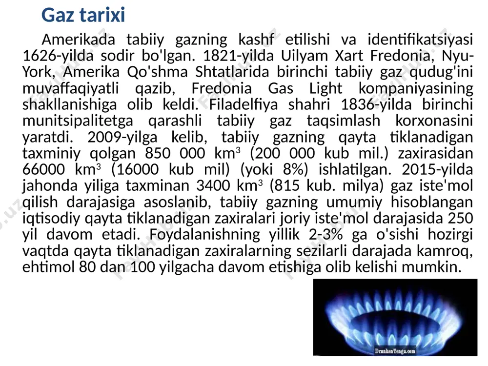 uboriladi. propan propan ch3-ch2-ch3 - toʻyingan uglevodorod, rangsiz, hidsiz yonuvchi gaz; suyuqlanish temperaturasi — 187.7°c; propan erituvchi sifatida, qurum olishda, metall qirqishda, avtomobillar uchun tutunsiz yonilgʻi, butan bilan aralashmasi maishiy gaz sifatida ishlatiladi. sanoatda propanni katalitik degidrogenlab propilen, nitrolab esa nitrometan olinadi. butan — toʻyingan uglevodorodlar, umumiy formulasi c4h10. mr. 58,123, rangsiz va hidsiz gaz. ikki izomeri maʼlum: normal butan ch3— ch2ch2ch3 va izobutan —ch—ch3. suvda erimaydi, organik erituvchilarda yaxshi eriydi. butan toʻyingan alifatik uglevodorodlardir. ular neftni qayta ishlash vaqtida chiqadigan gazlar tarkibida uchraydi. normal butanni katalizator ishtirokida izomerlab izobutan, degidrogenlab divinil (kauchuk monomeri) va boshqa toʻyinmagan uglevodorodlar olish mumkin. izobutanni alkillab, neogeksan va izooktan olinadi. butan motor yonilgʻilarining yuqori oktanli komponenti, buten, sirka kislota, malein angidrid olishda xom ashyo, uning propan va boshqa uglevodorodlar bilan aralashmasi gaz yonilgi sifatida ishlatiladi. butan nazorat uchun savollar gaz paydo bo’lishi haqida gipotezalar gaz tarixi slanes va slanes gazlari odorantlar suyultirilgan gaz va …