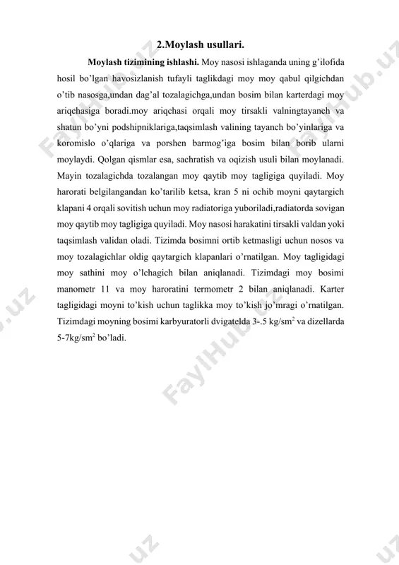 ularning hususiyatlari. qismlarni moylash uchun ishlatiladigan moylar mazutni qayta haydash yo’li bilan olinadi. moylar ishqalanuvchi yuzalarda yupqa yuzalarni pardasini hosil qilad, bu pardalar bir-biriga tegib turishiga va qismlarni tez yeyilishiga yo’l qo’ymaydi. bu pardalar 1000s issiqlikda ham qovushqoqligini va moylash hususiyatini saqlab qoladi. moy ishqalanuvchi yuzalardan issiqlikni o’ziga olib,ularni sovitish xususiyatiga ham egadir. moyning qovushqoqligi, oksidlanishiga chidamligini oshirish, zanglamaslik va yuvib ketish xodisalarini yaxshilash va yuqori haroratda suyulmaydigan bo’lishi, ko’piklanishiga qarshi va yuzalarni tirnalishiga qarshi bo’lishi uchun unga 3-14 foiz har-xil tarkibli murakkab qo’shilma qo’shiladi. foydalaniladigan adabiyotlar: 1. m.n. muminova, m.a. maksumova «kasbiy etika va etiket», uslubiy qo’llanma, t.,2006. 2. i. a. karimov «istiqlol va ma’naviyat» t.,1994. 3. i. a. karimov «o’zbekiston buyuk kelajak sari» t.,1998. 4. n. e. muhammadiyev «kasb etikasi va estetik madaniyati»- toshkent,1998 y. 5. m. abdullayev, e. xakimov «vvedeniye v etiku»-namangan, 1998. 6. abdulla sher «axloqshunoslik» ma’ruzalar matni, toshkent, 2000 7. v.g. fedsov «kultura servisa» uchebno-prakticheskoye …
