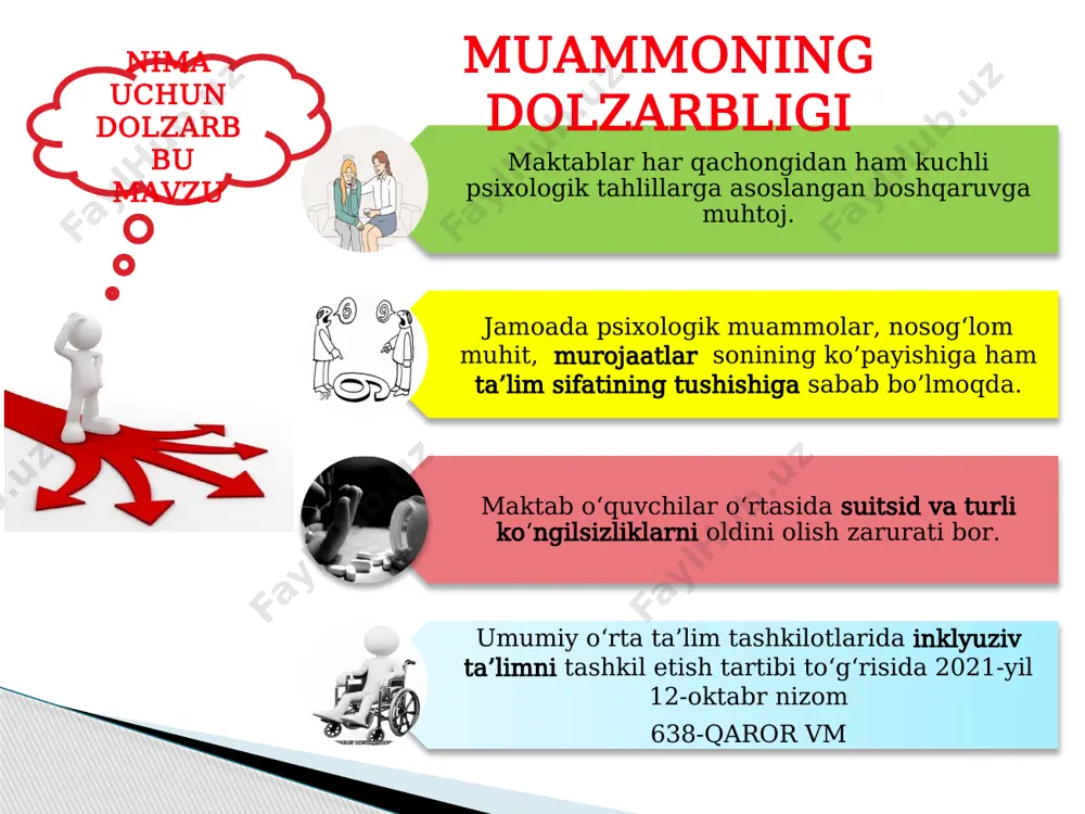 urlarni berish. 3 maqsad vazifa psixologik faoliyat uchun ma’sullar mundarijasi desk ham bo’ladi psixolog o‘rinbosarlar direktor asosiy mexanizmlar direktorning bu faoliyatidagi vazifalar maktablarda psixologik faoliyatni to‘g‘ri yo‘lga qo‘yish mexanizmlari shaxsiy namuna va xodimlarni psixologik tahlili jamoadagi psixologik muhitni doimiy nazoratda tutish. direktor psixologik muhitini ham boshqaradi. vazifalar taqsimotining to‘g‘ri yo‘lga qo‘yilishi. psixologni kasbiy va shaxsiy sifatlarini aniqlash. jonli burchak. shinam bog‘, maktab hududida o‘rindiqlar sonini ko‘paytirish. maktablarda psixologik faoliyat subyektlari bilan ishlash ota- ona o’quvchilar xodimlar psixolog mmibdo’ ota-onalar o‘rtasida ijtimoiy so‘rovnomalar o‘tkazish. nochor oilalar farzandlariga turli ehsonlar tashkillantirish. maktabda faol o‘qituvchilar doskasi. ertalabki musiqa. bemor o‘quvchi va o‘qituvchilarimiz holidan xabar olish. 14-yanvar, 8-martda jamoadagi xodimlarning onalariga tabriknomalar yo‘llash. ijtimoiy tarmoqlar va oavda tarbiyaviy soatlarda sinfdoshlar o‘rtasidagi oqibatni targ‘ib qiluvchi vediolarni ko‘rsatish. o‘quvchi va o‘qituvchilar o‘rtasida psixologik treninglar o‘tkazish. o‘quvchilar uchun ijtimoiy-psixologik pasport yaratish. o‘quvchilarning kasb tanlashlari uchun zaruriy choralar ko’rish. 7-11 sinflarda kasblar va fanlar o‘rtasidagi bog‘liqlikni ko‘rsatuvchi. “obrusiz” …