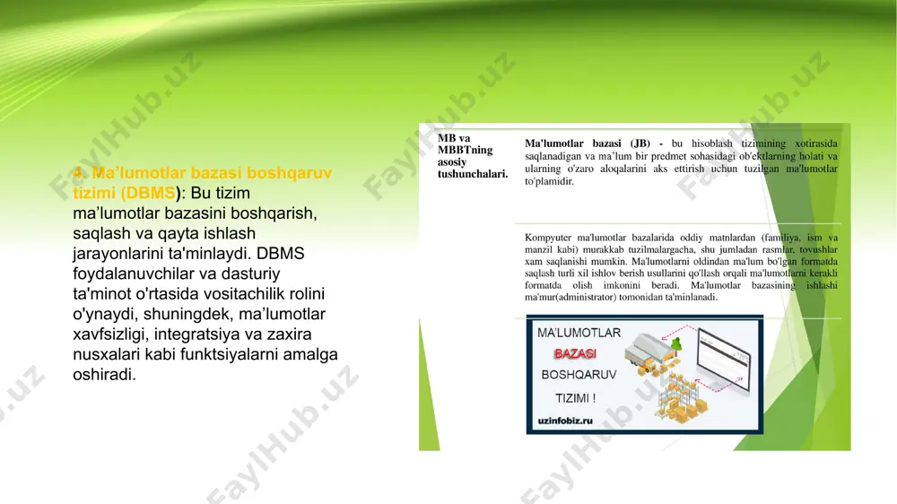 ql tili ishlatiladi. bu til yordamida ma’lumotlar bazasi ustida har xil operatsiyalarni (kiritish, yangilash, o'chirish, so'rash) amalga oshirish mumkin. nozaktalik: relyatsion model nazorat qilish va ma’lumotlarni manipulyatsiya qilishda yuqori darajadagi nazoratni ta'minlaydi. bu, ma’lumotlar ustida qo'shimcha cheklovlar (masalan, noyob qiymatlar, cheklovlar) qo'yish imkonini beradi. foydalanish relyatsion ma’lumot modeli ko'plab sohalarda keng qo'llaniladi, jumladan: biznes va moliya sog'liqni saqlash ta'lim e-tijorat tashkilotlar boshqaruvi ushbu modelning afzalliklari orasida oddiylik, moslashuvchanlik va ma’lumotlarni oson boshqarish imkoniyatlari mavjud. relyatsion ma’lumot modeli, shuningdek, murakkab ma’lumotlar tuzilmalarini saqlash va qayta ishlashda samarali bo'ladi. ma’lumotlar bazasida munosabatlar. ma'lumotlar bazasida munosabatlar (yoki "relationships") turli jadval va ma'lumotlar orasidagi bog‘lanishlarni aniqlash uchun ishlatiladi. ma'lumotlar bazasida munosabatlar uch asosiy turga bo'linadi: birga-bir munosabatlar (one-to-one): birga-ko'p munosabatlar (one-to-many): ko'pga-ko'p munosabatlar (many-to-many): birga-bir munosabatlar (one-to-one relationship) bu munosabatda ikkita jadval o‘zaro bir-biriga mos tushadi, ya'ni bir jadvaldagi bir yozuv boshqa jadvaldagi faqat bitta yozuv bilan bog'lanadi. bu munosabat unique kalitlar va primary …