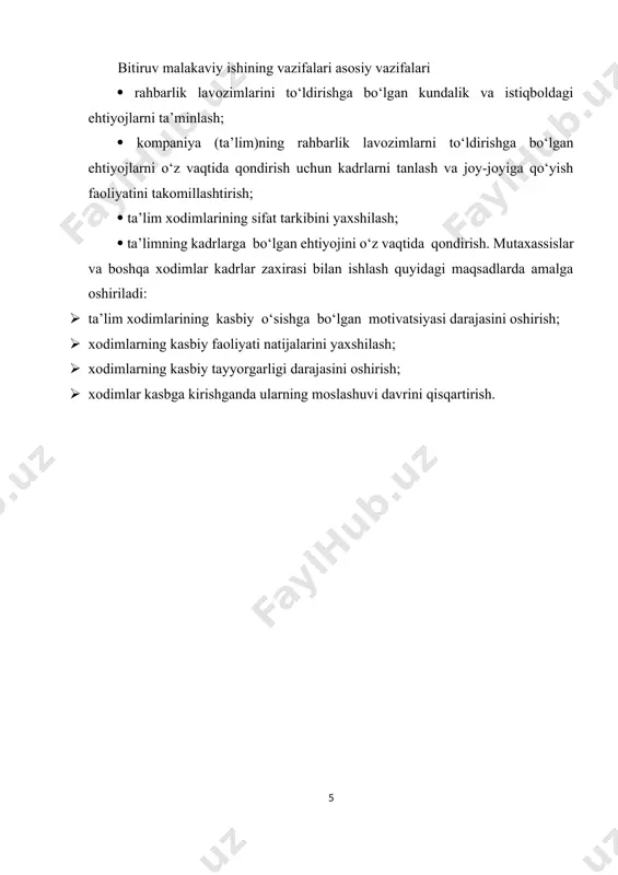 moslashuvi davrini qisqartirish. i bob. ta’limda kadrlar zaxirasini shakllantirishning ahamiyati. 1.1. ta’lim muassasalaridagi kadrlar zaxirasining hozirgi holatini tahlil qilish. kadrlar zaxirasi deyilganda o‘z amaliy va shaxsiy sifatlari bo‘yicha muayyan darajadagi rahbarga qo‘yiladigan talablarga javob beradigan, saralashdan, maxsus boshqaruv va kasbiy tayyorgarlikdan o‘tgan hamda rahbarlik faoliyatini amalga oshirishga qodir bo‘lgan xodimlarning maxsus shakllantirilgan guruhi tushuniladi. personal bilan ish olib borishning boshqa ko‘pgina yo‘nalishlari kabi kadrlar zaxirasi bilan ishlash ham kompleks xarakterga ega va o‘zaro bog‘liqdir. zaxiraga kiritishning ikki turi mavjud. 1. faoliyat turi bo‘yicha: — rivojlantirish zaxirasi. ularga ta’limning yangi yo‘nalishlari (ishlab chiqarish yo‘nalishlari o‘zgartirilganda, yangi texnologiyalar joriy etilganda, yangi mahsulotlar tayyorlash yo‘lga qo‘yilganda) doirasida faoliyat yuritishga tayyorlanayotgan rahbar va mutaxassislar kiritiladi. mazkur xodimlar rahbarlik lavozimida o‘sishni, yoki xizmat vazifasida o‘sishni tanlab olishlari mumkin; — funksiyali zaxira. bu guruhga kelajakda ta’lim faoliyatini qo‘llab-quvvatlashga umid qilinadigan rahbarlar va mutaxassislar kiritiladi. ushbu xodimlar xizmat pillapoyalaridan yuqoriga ko‘tarilishga yo‘naltirilgan bo‘ladilar. 2. lavozimga tayinlash muddati …