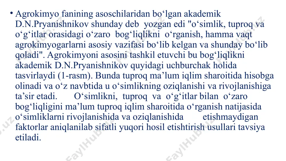 ldi. hozirgi kunda o‘zbekistonda quyidagi o‘g‘it ishlab chiqarish kimyo zavodlari: "navoiyazot" aj - navoiy shahri, "maxam-chirchiq" aj - chirchiq shahri, "dehqonobod kaliy zavodi" aj - dehqonobod tumani shahri, "elektrokimyozavod" qo'shma korxonasi aj - navoiy shahri, "farg'onaazot" aj - farg'ona shahri, "samarqand kimyo" aj - samarqand shahri, qo'qon superfosfat zavodi - qo'qon shahri, jizzax viloyatining g’allaorol tumanida “g’allaorol kaliy fosfat” mchj ishlab turibdi va ularda ammiakli selitra, mochevina, ammoniy sulfat, ammofos, ammoniylashtirilgan superfosfat, superfosfat, azot - fosforli o'g'it (afu), psagro, suvda eruvchan xlorsiz murakkab o‘g‘it npks, suyuq azotli o’g’it (kas), universal ozuqa eritmalar (uoe), kaliy sulfat, kaliy xlorid kabi mineral o‘g‘itlar ishlab chiqarilmoqda. respublikamizda o'g'it qo'llash istiqbollari bo'yicha ma'lumot. respublikamizda o'g'it qo'llash istiqbollari bo'yicha ma'lumot. 1. o'zbekistonda talab etiladigan mineral o'g'itlar: azotli - 827,4 ming tonna t.e.m. fosforli - 543,8 ming tonna t.e.m. kaliyli - 302,4 ming tonna t.e.m. haqiqatda ishlab chiqarilayotgan mineral o'g'itlar: (2020 yil ma'lumoti bo'yicha sof holda ishlab …