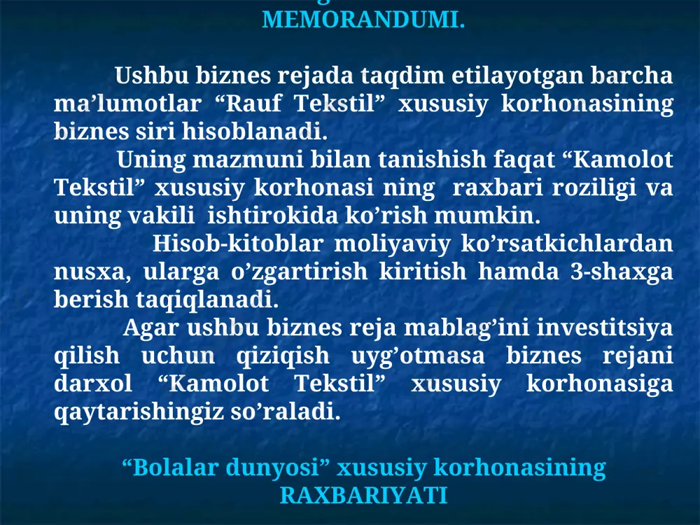 otib olinadi. biznesning yuridik maqomi. biznes rejani yuridik maqomini tastiqlatish va uni yo’lga qo’yish. biznesning yuridik maqomi “bolalar dunyosi” xususiy korhonasining deb ish faoliyatini olib boradi. loyihaning umumiy qiymati 4 000 000 xususiy mablag’ 2 000 000 so’raladigan mablag’ 2 000 000 biznes rejada keltirilgan bolalar kiyimini ishlab chiqarish namangan viloyat mingbuloq tumani gurtepa qfy damko’l mfyda o’z ish faoliyatini olib boradi. loyiha o’z o’zini qoplash muddati 18 oy garov ta’minoti uchun 1 ta noturar-joy qo’yiladi. swot taxlili kuchli tomonlari ushbu sohada tajribaning borligi va mahsulotlar jahon andozasiga teng kela olishi.` kuchsiz tomonlari mablag’ni to’la ish boshlash uchun yetarli emasligi. imkonoyatlari mahsulotlarni kelgusida barcha viloyatlar bozoriga olib chiqishni yo’lga qo’yish. to’siqlar 18 yoshga to’lmaganligi. biznes uchun kerakli capital № nomi summasi o’z xisobidan kredit xisobidan 1 bino 60 000 60 000 x 2 chok mashina 1 ta 250 000 250 000 3 dazmol 20 000 20 000 x 4 xom …