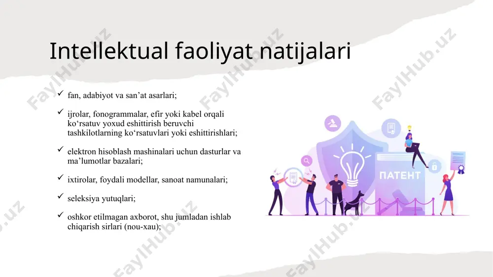 -yil 3-mart) firma nomlari to‘g‘risida (o‘rq-51-son, 2006-yil 18-sentabr) mualliflik huquqi va turdosh huquqlar: mualliflik huquqi ijodiy faoliyat natijasi bo‘lmish fan, adabiyot va san’at asarlariga nisbatan, ularning maqsadi va qadr-qimmati, shuningdek ifodalanish usulidan qat’i nazar, tatbiq etiladi. mualliflik huquqi quyidagi biron-bir obyektiv shaklda bo‘lgan oshkor qilingan asarlarga ham, oshkor qilinmagan asarlarga ham tatbiq etiladi: yozma (qo‘lyozma, mashinkalangan yozuv, notali yozuv va hokazo); og‘zaki (omma oldida so‘zlash, omma oldida ijro etish va hokazo); ovozli yoki video yozuv (mexanik, magnitli, raqamli, optik va hokazo); tasvir (rasm, eskiz, manzara, tarh, chizma, kino-, tele-, video- yoki fotokadr va hokazo); hajmli-fazoviy (haykal, model, maket, inshoot va hokazo). sanoat mulki obyektlari sanoat mulki obyektlari quyidagilardan iborat: 1. ixtiro 2. foydali model 3. sanoat namunasi ixtironing muhofaza muddati – 20 yil, foydali modelning muhofaza muddati – 5 yil, sanoat namunasining muhofaza muddati esa 10 yilni tashkil etadi. tovar belgisi tovar belgisi va xizmat ko‘rsatish belgisi bu bir yuridik …