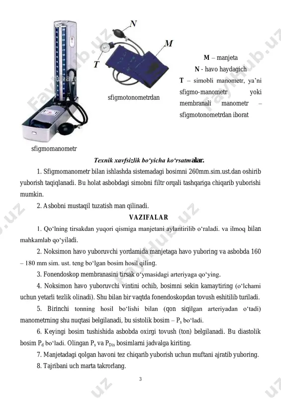 ish sistemasini, uning ishlash prinsipini gapirib bering. 5 adabiyotlar: 1. хитун в.а. и др. практикум по физике для медицинских вузов. м.: «высшая школа», 1972 г. 2. remizov a.n. tibbiy va biologik fizika: tibbiy oily o’quv yurtlari uchun darslik – 2005 3. ливенцев н.м. физика курси. 1974 й. internet saytlari http://www.physexperiment.narod.ru/physics.htm http://www.medbiophys.ru/ http://biophysics.spbstu.ru/useful_links http://medulka.ru/biofizika adabiyotlar: 1. хитун в.а. и др. практикум по физике для медицинских вузов. м.: «высшая школа», 1972 г. 2. remizov a.n. tibbiy va biologik fizika: tibbiy oily o’quv yurtlari uchun darslik – 2005 3. ливенцев н.м. физика курси. 1974 й. internet saytlari http://www.physexperiment.narod.ru/physics.htm http://www.medbiophys.ru/ http://biophysics.spbstu.ru/useful_links http://medulka.ru/biofizika 6 ilovalar 1 – jadval grek alfaviti belgisi nomlanishi belgisi nomlanishi belgisi nomlanishi а α alfa i ι yota р ρ ro в β beta к æ kappa σ ζ sigma г γ gamma λ λ lambda т η tau δ δ delta м μ my v υ ipsilon е ε epsilon …