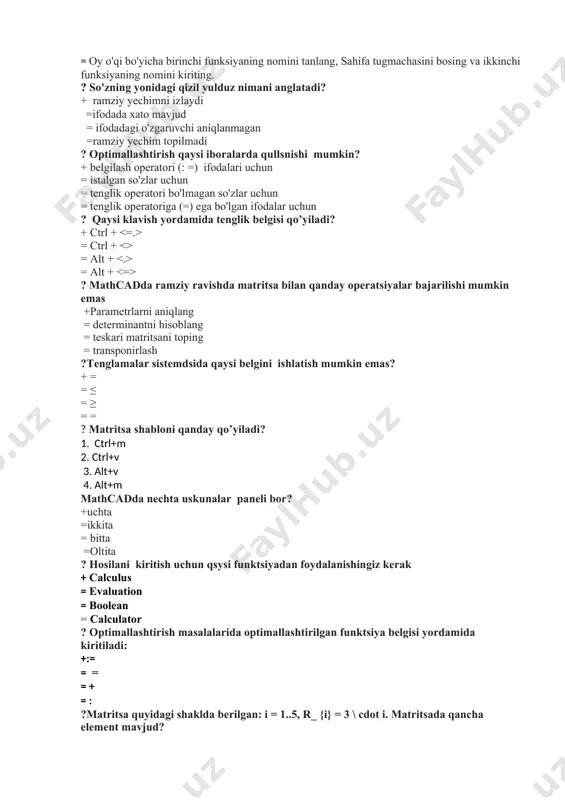 nglik operatoriga (=) ega bo'lgan ifodalar uchun ? qaysi klavish yordamida tenglik belgisi qo’yiladi? + ctrl + = ctrl + <> = alt + = alt + ? mathcadda ramziy ravishda matritsa bilan qanday operatsiyalar bajarilishi mumkin emas +parametrlarni aniqlang = determinantni hisoblang = teskari matritsani toping = transponirlash ?tenglamalar sistemdsida qaysi belgini ishlatish mumkin emas? + = = ≤ = ≥ = = ? matritsa shabloni qanday qo’yiladi? 1. ctrl+m 2. ctrl+v 3. alt+v 4. alt+m mathcadda nechta uskunalar paneli bor? +uchta =ikkita = bitta =oltita ? hosilani kiritish uchun qsysi funktsiyadan foydalanishingiz kerak + calculus = evaluation = boolean = calculator ? optimallashtirish masalalarida optimallashtirilgan funktsiya belgisi yordamida kiritiladi: +:= = = = + = : ?matritsa quyidagi shaklda berilgan: i = 1..5, r_ {i} = 3 \ cdot i. matritsada qancha element mavjud? + 5 =3 =8 =6 ?to’gri yozilgan operatorni tanlang + k:=p+acos(a) = g = …