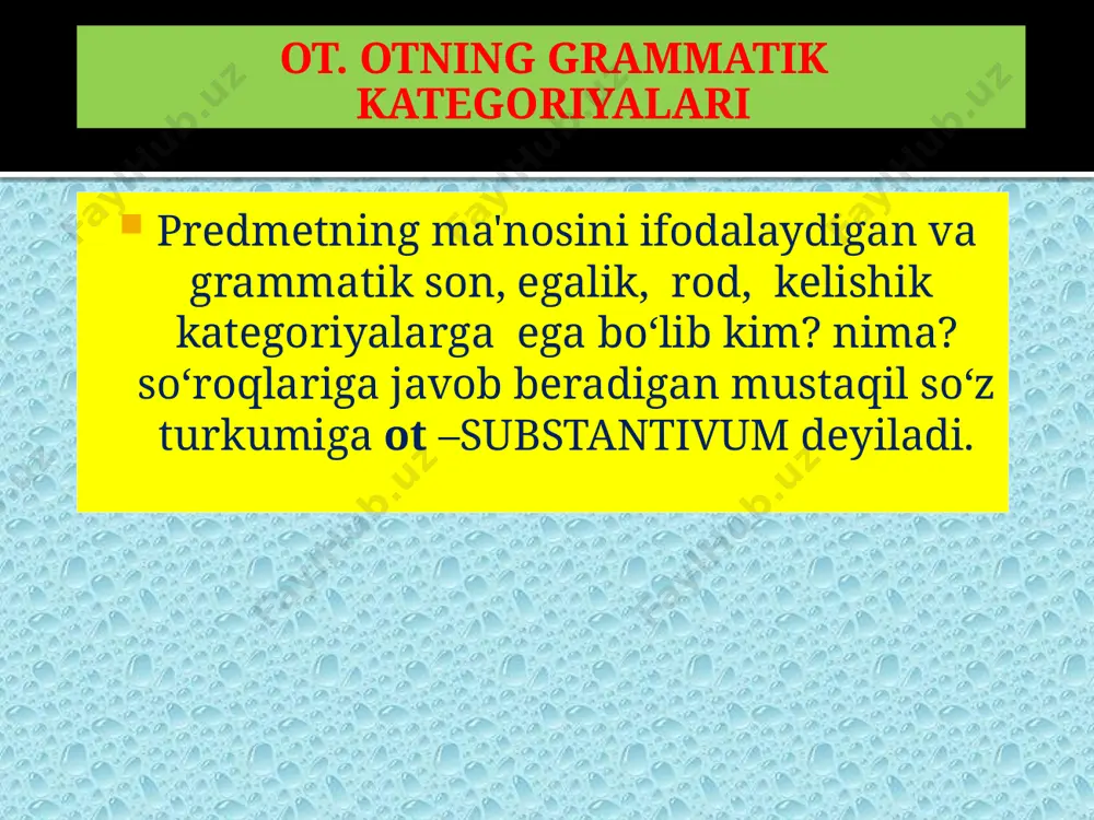ish, septum, i, n -o‘qilishi -septum, septi, neutrum -to‘siq, genu,us, n -o‘qilishi -genu, genus, neutrum -tizza. caries, ei, f -o‘qilishi –caries, cariei, femininum -chirish. ot. otning grammatik kategoriyalari 7 otlar kelishiklar bo‘yicha turlanganda ot negiziga kelishik qo‘shimchalari qo‘shiladi. otning negizini topish uchun otni qaratqich kelishigi birlik sonida yozib, undan qaratqich kelishik qo‘shimchasini olib tashlash kerak. masalan: nom. sing.: aqua dens septum gen. sing.: aquae dentis septi ot negizi: aqu- dent- sept- ot. otning grammatik kategoriyalari 8 otlarning birinchi turlanishi. otlarning birinchi guruhda kelishiklar bo‘yicha turlanishiga bosh kelishik birlik soni (nominativus singularis)da -a qo‘shimchasi bilan tugallangan jenskiy roddagi otlar kiradi. qaratqich kelishigi birlik soni (genetivus singularis)da esa -ae qo‘shimchasi bilan tugallanadi va lug'at shakli quyidagicha bo‘ladi, masalan: tinctura, ae, f — spirtli eritma, tabuletta, ae, f — tabletka, tugmachasimon dori pilula, ae, f — hab dori. . 9 otlarning birinchi turlanishi. bu otlar jenskiy rodga tegishli otlardir. jenskiy roddagi otlar kelishiklarda …