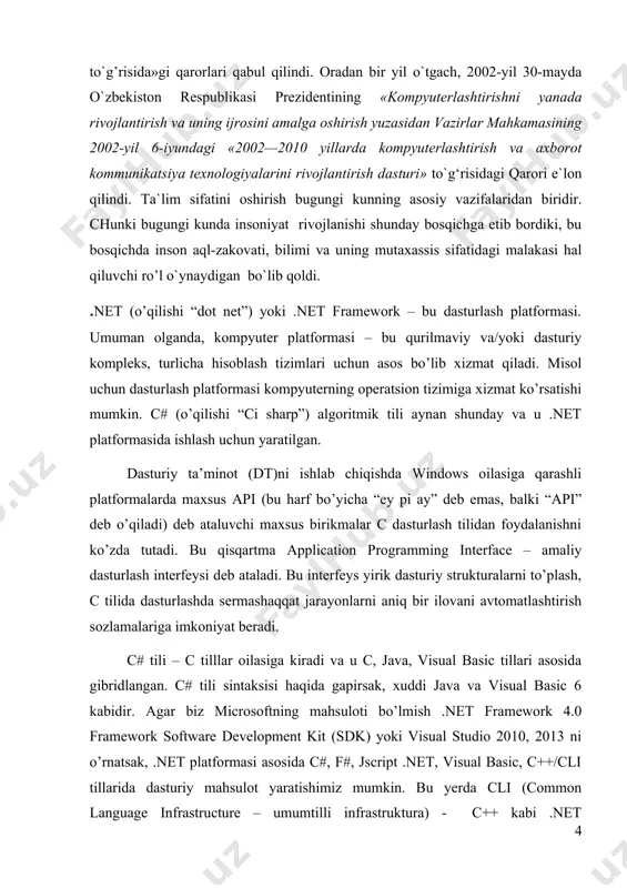 im etadi. .net framework ilovalar bilan ishlashda quyidagi xizmatlar (aniqrog’i – servislar, yana ham aniqrog’i yordamchilar)ni taqdim etadi: · xotirani boshqarish. ko’plab dasturlash tillarini ishlab chiqishda mustaqil ravishda xotirani belgilash va uni boshqarish, obyektlar yashash vaqti bilan aloqasini o’rnatish kabi savollar yechimi berilgan. .net framework platformasi ilovalarining clr muhitida bu servis avtomatik ravishda taqdim etiladi; · umumiy tiplar tizimi. dasturlash tillarida bazali tiplarni kompilyator aniqlaydigan an’ana bor. bu esa oraliq tillarning o’zaro munosabatida muammolarni yuzaga keltiradi. .net framework platformasida bazali tiplar bitta .net framework tiplar tizimida deb nomlanuvchi cts (common type system) da aniqlanadi; · kengaytirilgan sinf kutubxonalar. dasturlashning yuqori bosqichli amallarini standart joriy etish uchun ko’plab kodlarni yozish mobaynida, ishlab chiqaruvchilar oson kiruvchan kutubxona tiplaridan va .net framework kutubxonasi sinfi a’zolaridan foydalanadilar; · ishlab chiqarish texnologiyasi va platformasi. .net framework platformasi ilovalarni ishlab chiqishning aniq bir sohasi uchun kutubxonalarni yoqadi, masalan, veb-ilovalar uchun asp.net, xizmatlarga yo’naltirilgan ilovalar uchun windows …