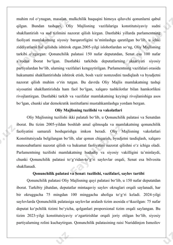osiy partiyalardan bo‘lib, ularning vazifalari kengaytirilgan. parlamentning vazifalari orasida hukumatni shakllantirishda ishtirok etish, bosh vazir nomzodini tasdiqlash va byudjetni nazorat qilish muhim o‘rin tutgan. bu davrda oliy majlis mamlakatning tashqi siyosatini shakllantirishda ham faol bo‘lgan, xalqaro tashkilotlar bilan hamkorlikni rivojlantirgan. dastlabki tarkib va vazifalar mamlakatning keyingi rivojlanishiga asos bo‘lgan, chunki ular demokratik institutlarni mustahkamlashga yordam bergan. oliy majlisning tuzilishi va vakolatlari oliy majlisning tuzilishi ikki palatali bo‘lib, u qonunchilik palatasi va senatdan iborat. bu tizim 2005-yildan boshlab amal qilmoqda va mamlakatning qonunchilik faoliyatini samarali boshqarishga imkon beradi. oliy majlisning vakolatlari konstitutsiyada belgilangan bo‘lib, ular qonun chiqarish, byudjetni tasdiqlash, xalqaro munosabatlarni nazorat qilish va hukumat faoliyatini nazorat qilishni o‘z ichiga oladi. parlamentning tuzilishi mamlakatning hududiy va siyosiy vakilligini ta’minlaydi, chunki qonunchilik palatasi to‘g‘ridan-to‘g‘ri saylovlar orqali, senat esa bilvosita shakllanadi. qonunchilik palatasi va senat: tuzilishi, vazifalari, saylov tartibi qonunchilik palatasi oliy majlisning quyi palatasi bo‘lib, u 150 nafar deputatdan iborat. tarkibiy jihatdan, …
