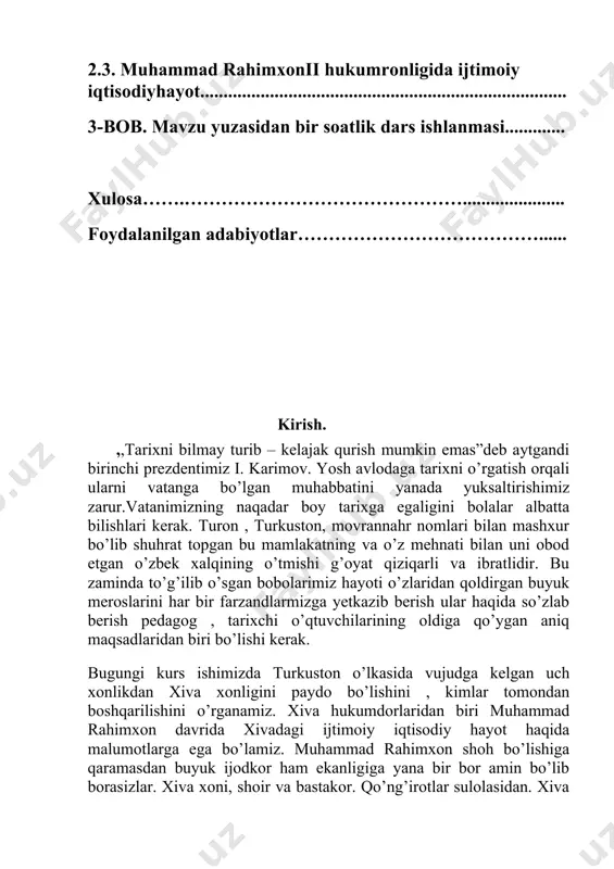 ni , kimlar tomondan boshqarilishini o’rganamiz. xiva hukumdorlaridan biri muhammad rahimxon davrida xivadagi ijtimoiy iqtisodiy hayot haqida malumotlarga ega bo’lamiz. muhammad rahimxon shoh bo’lishiga qaramasdan buyuk ijodkor ham ekanligiga yana bir bor amin bo’lib borasizlar. xiva xoni, shoir va bastakor. qo’ng’irotlar sulolasidan. xiva shahridagi arab muhammadxon madrasasida tahsil ko’rgan, davlat, huquq ilmini zamonasining mashhur mudarrisi, shoir va olim doiy, yusufxo’ja oxun va boshqalardan o’rgangan. ogahiy muhammad rahimxon ii - feruzga ustozlik qilgan, unga she’riyat sirlarini o’rgatgan, tarix, tarjima ilmidan saboq bergan. otasi sayid muhammadxon vafotidan so’ng (1864) xiva taxtiga o’tirga. buyuk iste’dod sohibi feruz 1844 yil xivada tug’ilgan. otasi sayyid muhammadxon o’limidan so’ng feruz taxt egasi bo’ldi. bu voqea 1863 yilga to’g’ri keladi. u 16 yoshida xonlik tojini kiygan. muarrixlar muhammad rahimxon ii ning xonlik davrini 1863 yildan 1910 yilgacha deb yozganlar. u 1910 yil vafot etgan. feruz hukmronlik qilgan davr g’oyatda alg’ov-dalg’ov bo’lib, xonliklar orasida o’zaro nizo kuchli edi. …