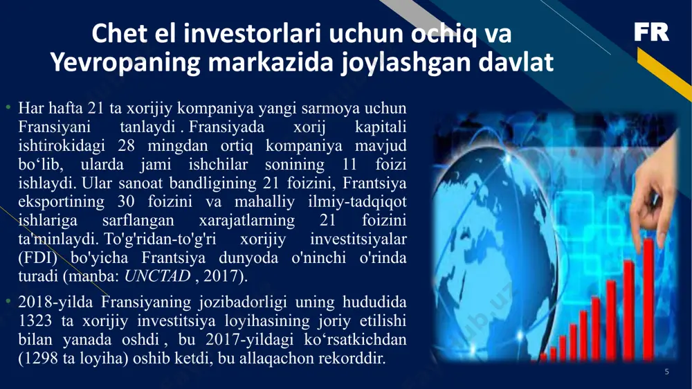 kafolatlaydi va himoya qiladi. agar o‘zbekiston respublikasining keyingi qonun hujjatlari investitsiyalar uchun shart-sharoitlarni yomonlashtirsa, u holda xorijiy investorlarga investitsiya kiritilgan kundan boshlab o‘n yil davomida investitsiya kiritilgan kundagi amaldagi qonun hujjatlari qo‘llaniladi. chet ellik investor o'z xohishiga ko'ra yangi qonun hujjatlarining uning investitsiyalari uchun sharoitlarni yaxshilaydigan qoidalarini qo'llashga haqli. fr 16 yuridik shaxslarni davlat roʻyxatidan oʻtkazishni amalga oshiruvchi davlat tashkilotlari yuridik shaxslarni davlat roʻyxatidan oʻtkazishni amalga oshiruvchi davlat tashkilotlari – tashqi ishlar vazirligi, ichki ishlar vazirligi, investitsiyalar va tashqi savdo vazirligi, davlat soliq xizmati xorijiy investor tomonidan kafillik qoʻllanilganligi toʻgʻrisida xabardor qilingan vakolatli organlar hisoblanadi. o‘zbekiston respublikasi qo‘mitasi va xizmat ko‘rsatuvchi banklar. fr 17 davlat moliyasini boshqarish oʻzbekiston aholi jon boshiga yalpi ichki mahsuloti past/oʻrta boʻlgan mamlakatlarga qaraganda oʻrtacha koʻproq davlat daromadlarini yigʻadi, hattoki oecdning koʻplab soliqlari yuqori boʻlgan mamlakatlarga qaraganda koʻproq. 2019-yilda o‘zbekistonda amalga oshirilgan keng ko‘lamli soliq islohotlari byudjet daromadlari darajasining pasayishiga olib kelmadi, bu esa davlat korxonalarini …