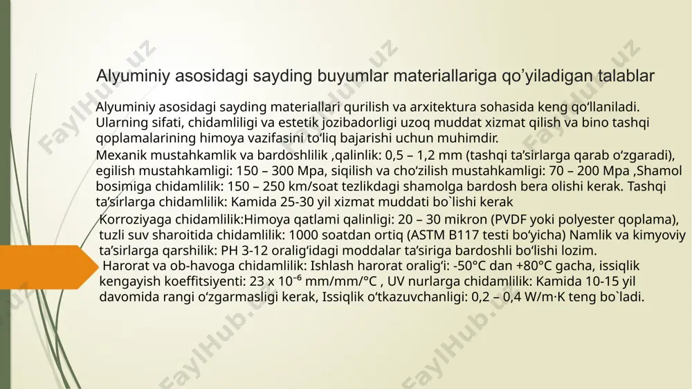 qalinligi: 0,5 – 1,2 mm montaj teshiklari har 50-100 mm da mahkamlash uchun teshiklar ochiladi. termal kengayish uchun bo‘sh joy qoldiriladi (2-4 mm) sifat nazorati va qadoqlashishlab chiqarilgan mahsulot xalqaro sifat standartlariga javob berishi lozim. mexanik va kimyoviy testlarastm b209 – alyuminiy listlari sifati tekshiriladien 13501-1 – yong‘inga chidamlilik darajasi o‘lchanadiiso 9001 – umumiy sifat menejmenti sertifikati.qadoqlash va saqlashhar bir panel himoya plyonkasi bilan yopiladibarcha mahsulotlar namlikdan saqlash uchun yopiq joyda saqlanadi. transport o‘lchamlari: 50-100 ta panel bir to‘plamda qadoqlanadi. alyuminiy asosidagi sayding buyumlarini ishlab chiqarish murakkab va ko‘p bosqichli jarayon bo‘lib, har bir bosqichda sifat nazorati muhim ahamiyat kasb etadi. zamonaviy texnologiyalar yordamida ishlab chiqarilgan alyuminiy sayding yengil, bardoshli, ekologik xavfsiz va estetik jihatdan jozibador bo‘lib, qurilish sohasida katta talabga ega. 9 alyuminiy asosidagi sayding buyumlar materiallarining asosiy xossalari alyuminiy asosidagi sayding materiallari o‘zining engil vazni, mustahkamligi va chidamliligi bilan ajralib turadi. ushbu materiallar ko‘p jihatdan boshqa qoplama materiallariga …