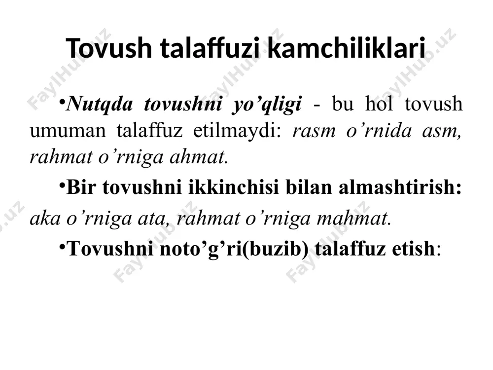 . tovush talaffuzidagi nutq nuqsonlarini birlamchi yoki ikkilamchiligini aniqlash. barcha noto’g’ri talaffuz etiladigan tovushlarni aniqlash. noto’g’ri talaffuz sabablarini aniqlash. noto’g’ri talaffuz bilan bog’liq ikkilamchi nuqsonlarni mavjudligini aniqlash. an farqlash. 33 image1.jpeg image2.jpeg image3.png image4.jpeg image5.jpeg image6.png image7.jpeg image8.jpeg image9.png image10.jpeg image11.jpeg image12.jpeg image13.png image14.jpeg image15.jpeg image16.jpeg image17.jpeg image18.png image19.jpeg image20.jpeg image21.jpeg image22.jpeg image23.jpeg image24.jpeg image25.jpeg image26.png image27.jpeg image28.jpeg image29.jpeg image30.jpeg image31.jpeg image32.jpeg image33.jpeg image34.jpeg image35.png image36.jpeg image37.jpeg image38.jpeg image39.jpeg image40.jpeg image41.jpeg