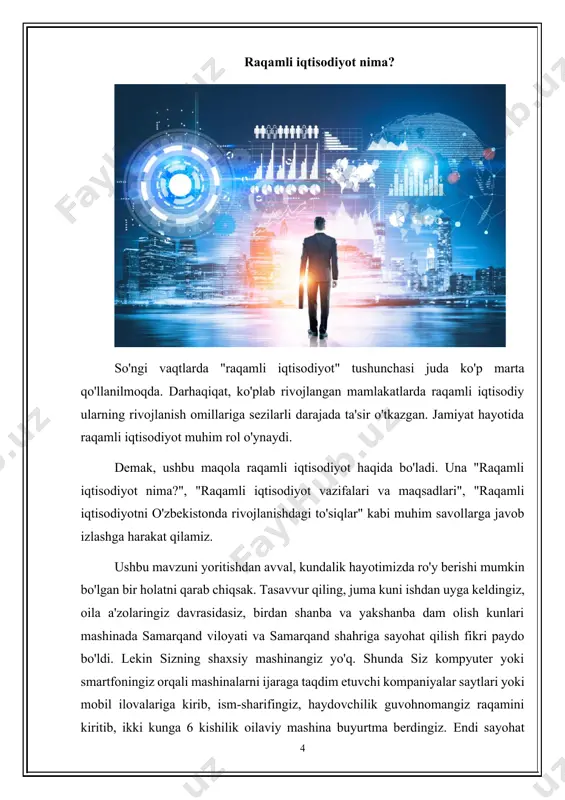 vojlangan mamlakatlarda raqamli iqtisodiyotda davlat(hukumat) bozor "o'yin" qoidalarini o'yinning barcha ishtirokchilari uchun belgilaydi va bunda davlatning eng muhim vazifasi sifatida o'yin ishtirokchilari uchun bir xil, teng huquqli va imkoniyatli sharoit yaratib berish hisoblanadi. ya'ni, bozorda katta kompaniya bo'ladimi yoki kichik biznes, ular teng huquqli hisoblanadi. ularga bir xil imkoniyatlar beriladi. davlat qoidalarga amal qilinishi va oxir oqibatda oddiy iste'molchi sifatli, zamonaviy xizmat yoki mahsulot olishi ta'minlanadi. demak, raqamli iqtisodiyot rivojlanishi uchun davlat hamma uchun teng sharoit yaratib berishi, iloji boricha bozor qoidalari, qonunlar, shartnomalar shaffof bo'lishi, qonunlar bozor talabidan kelib chiqqan holda(ya'ni bozordagi rivojlanish tendensiyalarini oldindan aniqlay olishi va kerakli normativ hujjatlarni qabul qilishi) o'yin ishtirokchilari uchun erkinlik berishi zarur. raqamli iqtisodiyot o'zbekistonda dunyo mamlakatlari kabi o'zbekistonda ham raqamli iqtisodiyot rivojlanmoqda. kundalik hayotimizga axborot texnologiyalarni tadbiq qilinishi ortidan oddiy insonlar uchun ko'plab imkoniyatlar yaratilmoqda. hozirga kunda uydan chiqmasdan ko'plab oziq-ovqat mahsulotlari va taomlariga buyurtma berishimiz, ularni uyimizgacha yetkazib berishlari mumkin. …