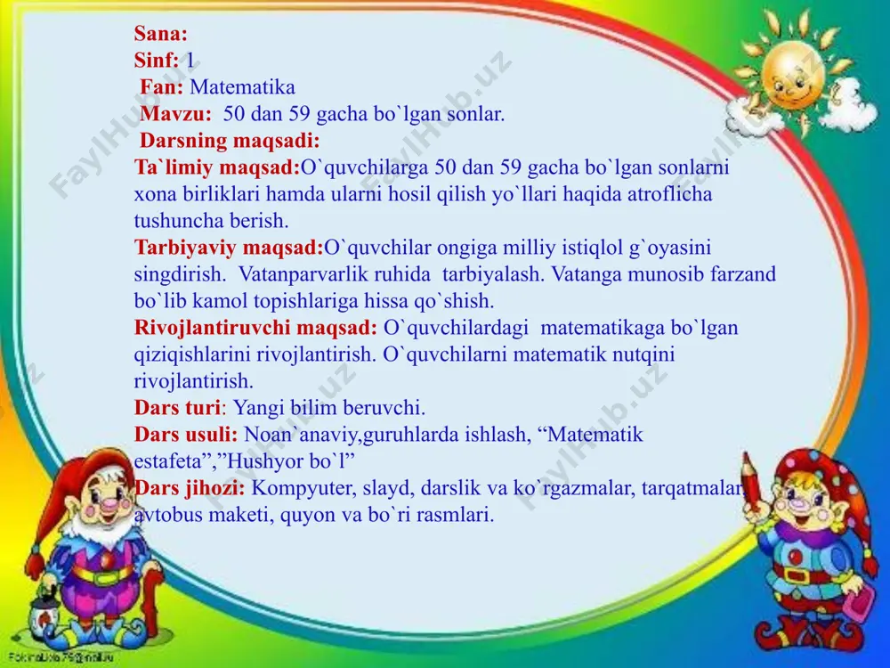 g yuragiga qo’r bo’lamiz. sinf 3-guruhga bo`linadi: kamalak 2. bilag`on 3. yangi avlod guruhlari qaysi guruh o`quvchilari darsda faol bo`lsa, sayohat uchun avtobusga chiptalarni qo`lga kiritadilar. ii. o`tilgan mavzuni takrorlsh: o`tilgan mavzu 40dan 49 gacha bo`lgan sonlar “hushyor bo`l” ta`limiy o`yini va “matematik estafeta ” orqali mustahkamlanadi. 20+20= 49-9= 40+2= 47-7= 40+3= 40+5= 40+5= 43-3= 40+9= 45+3= 37-7= 40+7= o`nliklar birliklar ellik bir 5 1 2 ellik ikki 3 ellik uch 4 ellik to`rt 5 ellik besh 6 ellik olti 7 ellik etti 8 ellik sakkiz 9 ellik to`qqiz iii . yangi mavzu bayoni: o`quvchilar bugun sizlar bilan 50dan 59gacha bo`lgan sonlar bilan tanishamiz va ularga doir misol va masala ishlaymiz. avvalo,50da 59gacha bo`lgan sonlarni tartib bo`yicha joylashtirib olamiz. so`ngra xona birliklariga to`xtalamiz. 50 51 52 53 54 55 56 57 58 59 o`nliklar birliklar ellik bir 5 1 2 ellik ikki 3 ellik uch 4 ellik to`rt 5 ellik …