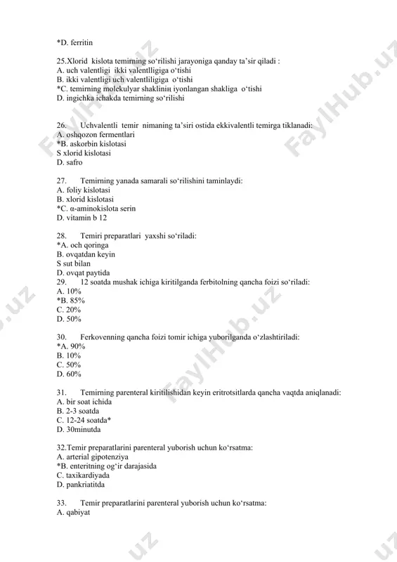 *c. 100mg d. 400mg 42.kattalar uchun temirning maksimal samarali sutkalik dozasi: a. 70-100mg b. 20-30mg c. 100mg *d. 300-400mg 43. temir preparatlarini qabul qilish oralig‘ini belgilang: a. 1 soat *b. kamida 4 soat c. kamida 8 soat d. 6 soatdan ortiq 44. agar bir martalik temir qabul qilish dozasi 50mg bo‘lsa, temir preparatini qabul qilish orasidagi intervalni belgilang: a. 2soat b. kamida 4 soat *c. 6-8 soat d. 6 soatdan ortiq 45. anemiyani temir preparatlari bilan davolashning umumiy davomiyligi: *a. kamida 2-3oy b. 1 oydan kam c. 6-8 oy d. 7-14 kun 46. 6 yoshgacha bo‘lgan bolalar uchun, temirning preparatlarini quyidagi shaklda beriladi: a. in’eksiyada b. poroshokda c. tabletkada *d. sirop shaklida 47. temirni kuniga qanchadan ortqi kiritish mumkin emas: a. 300mg kuniga *b. 100mg kuniga c. 400mg kuniga d. 50mg kuniga 48. temir preparatining eng ko‘p uchraydigan nojo‘ya ta’siri: 513str a. epigastral bo‘limda og‘riq b. qabziyat, kamroq diareya *c. …