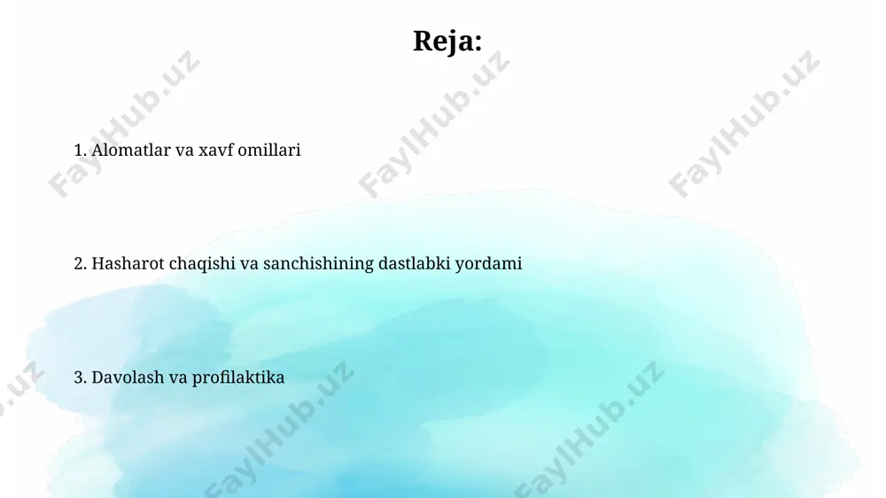 tez uchraydigan anafilaktik shokni keltirib chiqarishi mumkin. xavf omillarini aniqlash chivinlarning 70%i yuqumli kasalliklarni tarqatadi, shuning uchun chaqish joyini darhol davolash kerak. xususan, andijon viloyatida chivinlar orqali yuqadigan kasalliklarning tarqalishi yuqori. antiseptik vositalarni qo'llash infeksiyani oldini olishga yordam beradi. ari sanchishi bilan shishib ketish darajasi odamning immun tizimining reaksiyasi va sanchish joyidan qancha miqdorda zahar tushganiga bog'liq. masalan, 2 ml zahar odamda anafilaktik shokni keltirib chiqarishi mumkin. toshkent shahrida anafilaksiya holatlari tez-tez uchraydi. hasharot chaqishi va sanchishining dastlabki yordami hasharot chaqishi yoki sanchishidan keyin 10-15 daqiqa davomida jarohatlangan joyni sovun va suv bilan yuvish, keyin esa antiseptik, masalan, vodorod peroksidi (3%) bilan davolash tavsiya etiladi. ari sanchishi holatida, sanchuvchi vositani ehtiyotkorlik bilan olib tashlash va jarohatga 20 daqiqa davomida sovuq kompress qo'yish kerak. shundan keyin antihistamin preparatini qabul qilish tavsiya etiladi. qachon shifokorga murojaat qilish kerak agar chandiq 24 soatdan keyin ham kattalashib, yiringlasa yoki 38°c dan yuqori harorat ko'tarilsa, …
