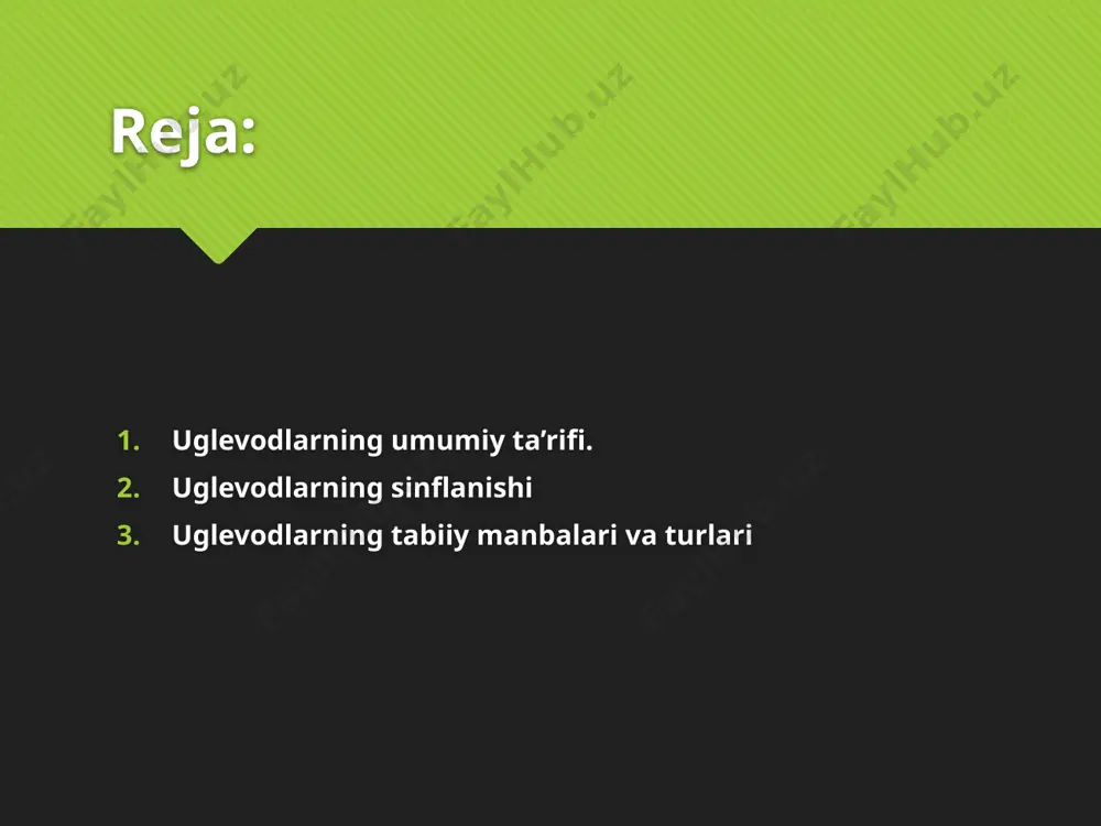 ha yuqori boʻlmagan suvda yaxshi eriydigan moddalar. noshakarsimon u. ning molekular . massasi yuqori, eritmalari faqat kolloid holida mavjud boʻladi. noshakarsimon uglevodlar. (kraxmal, selluloza) katta miqdordagi monozalar molekulasidan tuzilgan monozalar tuzilishi qator reaaksiyalar yordamida aniqlangan, glyukoza vodorod yodid hi bilan qaytarilganda 2-yodgeksan hosil qilishi, yengil sharoitlarda glyukoza oksidlanganda glyukon kislotaga aylanishi, atsillanganda va alkillanganda 5 ta gidroksil guruhi mavjud boʻlishi inobatga olinadi. fruktozada glyukozadagi aldegid guruhi oʻrnida keton guruhi boʻladi. koʻpa atomli aldegid va ketonospirtlar (koʻpincha ichki siklik yarimatsetal shaklda) hisoblanadi. bularga mansub oligosaxaridlar esa glikozid bogi bilan bogʻlangan 2—10 monosaxariddan iborat. disaxaridlarga kiradigan saxaroza, tregaloza, laktoza tabiatda keng tarqalgan. oligosaxaridlarning koʻp sonli glikozidlari (fiziologik faol moddalar) tibbiyotda qoʻllanadi.polisaxaridlar chiziqsimon yoki tarmoqlangan yuqori molekulali birikmalar boʻlib, ular molekulalari glikozid bog'i bilan bog'langan monosaxaridlardan tashkil topgan. ular zaxira holdagi u. sanoat va xalq xoʻjaligi, farmatsevtika va tibbiyot, oziq-ovqat sanoati va boshqa sohalar uchun xam muhim xom ashyo manbaidir. bijg'ish mahsulotlari, o'nlab …