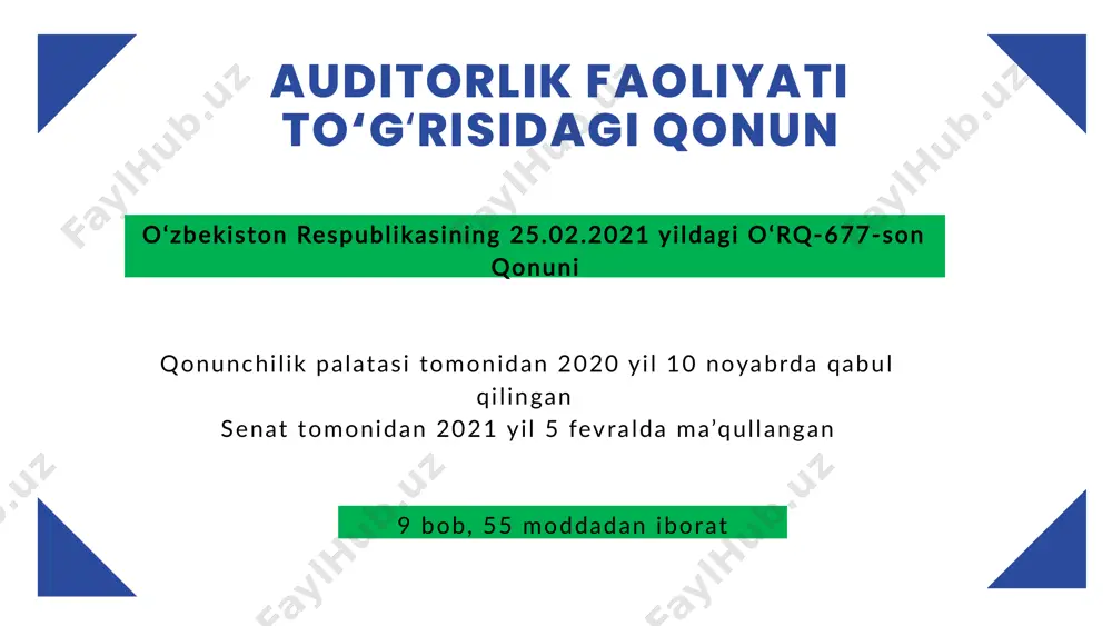 ish 19-modda. auditorning malaka sertifikati 20-modda. malaka imtihoni 3-bob 21-modda. sertifikat olish uchun talabgorga qo‘yiladigan malaka talablari 22-modda. sertifikat olish yoki uning amal qilish muddatini uzaytirish uchun zarur bo‘lgan hujjatlar 23-modda. talabgorning hujjatlarini ko‘rib chiqish tartibi va muddatlari 24-modda. malaka imtihonini topshirishga ruxsat berishni rad etish 25-modda. sertifikatni rasmiylashtirish va qayta rasmiylashtirish, uning dublikatini berish 26-modda. sertifikatning amal qilishini tugatish 4-bob 27-modda. auditorlik tashkiloti 28-modda. auditorlik tashkilotining huquqlari 29-modda. auditorlik tashkilotining majburiyatlari 30-modda. auditorlik tashkilotining javobgarligi 5-bob 31-modda. auditorlik xizmatlarining turlari 32-modda. auditorlik tekshiruvi 33-modda. auditorlik tashkilotlarining turdosh xizmatlari 6-bob 34-modda. auditorlik tekshiruvini o‘tkazishdagi cheklovlar. 35-modda. majburiy auditorlik tekshiruvi. 37-modda. xo‘jalik yurituvchi sub’yektning auditorlik tekshiruvini o‘tkazish chog‘idagi huquq va majburiyatlari. 38-modda. tashabbus tarzidagi auditorlik tekshiruvi buyurtmachisining huquq va majburiyatlari. 39-modda. auditorlik xulosasi. 40-modda. bila turib soxta tuzilgan auditorlik xulosasi. 36-modda. tashabbus tarzidagi auditorlik tekshiruvi. 7-bob 41-modda. auditorlik tashkilotlarining reyestri 42-modda. auditorlik tashkilotini auditorlik tashkilotlarining reyestriga kiritish 43-modda. auditorlik tashkilotini auditorlik …