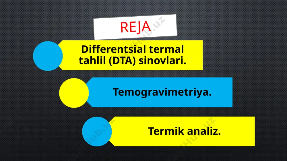 onlari uchun eng foydalidir. differentsial termal tahlil (dta) eng keng qo'llaniladigan termal tahlil usuli hisoblanadi. differentsial termal tahlil paytida namunaning harorati dasturlashtirilgan harorat o'zgarishi paytida inert mos yozuvlar materialining harorati bilan taqqoslanadi. erish, parchalanish yoki kristalli strukturaning o'zgarishi kabi issiqlik hodisalari sodir bo'lguncha harorat bir xil darajada saqlanadi. namunada endotermik hodisa ro'y berganda, namunaning harorati mos yozuvlar orqasida qoladi va egri chiziq bo'yicha minimal ko'rsatkich kuzatiladi. ammo, agar aksincha, namunada ekzotermik hodisa ro'y bersa, namunadagi harorat mos yozuvlar haroratidan oshib ketadi va egri chiziqda maksimal ko'rsatkich kuzatiladi. endotermiya yoki oksotermiya ostidagi maydon issiqlik hodisasining energiyasi bilan bog'liq. ko'pgina masalalarni echishda differentsial termal tahlildan ham, termogravimetrik tahlil (tga) usulidan ham foydalanish foydalidir, chunki keyinchalik differentsial termal tahlil hodisalari massa o'zgarishi yoki o'zgarishi bo'lmagan voqealarga birlashtirilishi mumkin. ikkala usul ham quyidagi shartlarni aniqlash uchun ishlatiladi: erish nuqtalari, oynaga o'tish harorati, kristallik, namlik va uchuvchan tarkib, issiqlik va oksidlanish barqarorligi, tozalik va konversiya …