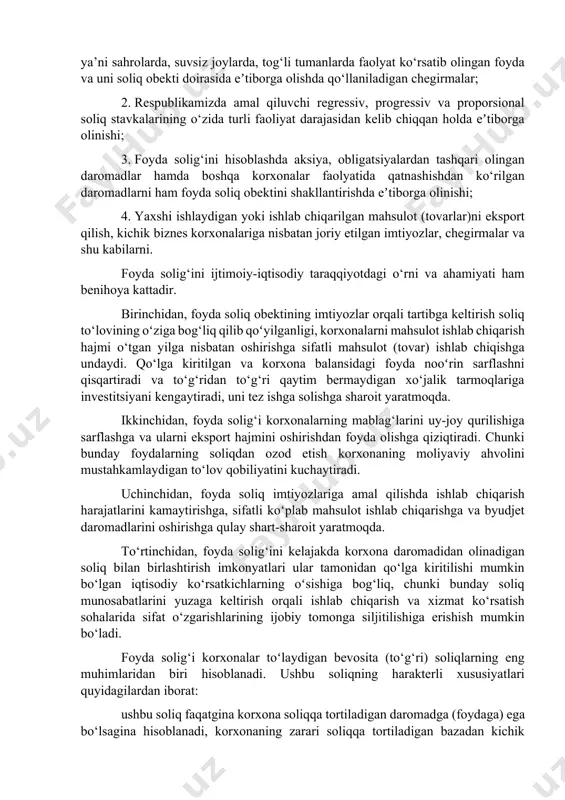 a mazmunan takomillashtirilib turilishini taqozo etadi. foyda solig‘i munosabatlarining ayrim amaliy xususiyatlari qatoriga quyidagilarni ham kiritish mumkin: 1. soliqni hisoblashda korxonaning moliyaviy ahvoli va ishlab chiqarish faolyatining har tamonlama inobatga olinishi mintaqadagi ish haqi koeffitsiyentlari, ya’ni sahrolarda, suvsiz joylarda, tog‘li tumanlarda faolyat ko‘rsatib olingan foyda va uni soliq obekti doirasida eʼtiborga olishda qo‘llaniladigan chegirmalar; 2. respublikamizda amal qiluvchi regressiv, progressiv va proporsional soliq stavkalarining o‘zida turli faoliyat darajasidan kelib chiqqan holda eʼtiborga olinishi; 3. foyda solig‘ini hisoblashda aksiya, obligatsiyalardan tashqari olingan daromadlar hamda boshqa korxonalar faolyatida qatnashishdan ko‘rilgan daromadlarni ham foyda soliq obektini shakllantirishda eʼtiborga olinishi; 4. yaxshi ishlaydigan yoki ishlab chiqarilgan mahsulot (tovarlar)ni eksport qilish, kichik biznes korxonalariga nisbatan joriy etilgan imtiyozlar, chegirmalar va shu kabilarni. foyda solig‘ini ijtimoiy-iqtisodiy taraqqiyotdagi o‘rni va ahamiyati ham benihoya kattadir. birinchidan, foyda soliq obektining imtiyozlar orqali tartibga keltirish soliq to‘lovining oʻziga bog‘liq qilib qoʻyilganligi, korxonalarni mahsulot ishlab chiqarish hajmi o‘tgan yilga nisbatan oshirishga …