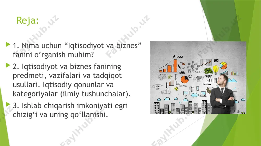 te’mol qilish jarayonlari haqidagi fandir. “iqtisodiyot va biznes” fani quyidagi savollarga javob berishga yordam beradi: iqtisodiyot qanday ishlaydi? talab va taklifni qanday tahlil qilish mumkin? korxona qanday qilib muvaffaqiyatli faoliyat yuritishi mumkin? bozor iqtisodiyotida narxlar qanday shakllanadi? iqtisodiy o‘sish va taraqqiyot qanday ta'minlanadi? moliyaviy boshqaruv va investitsiyalarni qanday rejalashtirish mumkin? korxonalarda samarali boshqaruv tizimi qanday bo‘ladi? biznesning ijtimoiy va ekologik ta'siri qanday? xalqaro iqtisodiyot va global biznes qanday o‘zaro aloqada? raqobatbardoshlikni qanday oshirish mumkin? “iqtisodiyot va biznes” fani, iqtisodiy tizim va biznes jarayonlarini o‘rganish orqali, o‘zgaruvchan iqtisodiy sharoitlarda samarali boshqaruv va qarorlar qabul qilishni ta’minlaydigan juda muhim soha hisoblanadi. bu fan quyidagi jihatlar bilan ahamiyatlidir: 1. iqtisodiy bilimlar taqdim etadi: iqtisodiyot va biznes fani odamlar va tashkilotlar uchun iqtisodiy tizimlarning qanday ishlashini, resurslarni qanday taqsimlashni, talab va taklifni qanday tahlil qilishni o‘rganish imkonini beradi. 2. strategik qarorlar qabul qilishda yordam beradi: biznes jarayonlarini tushunish va iqtisodiy muhitni o‘rganish orqali korxonalar …